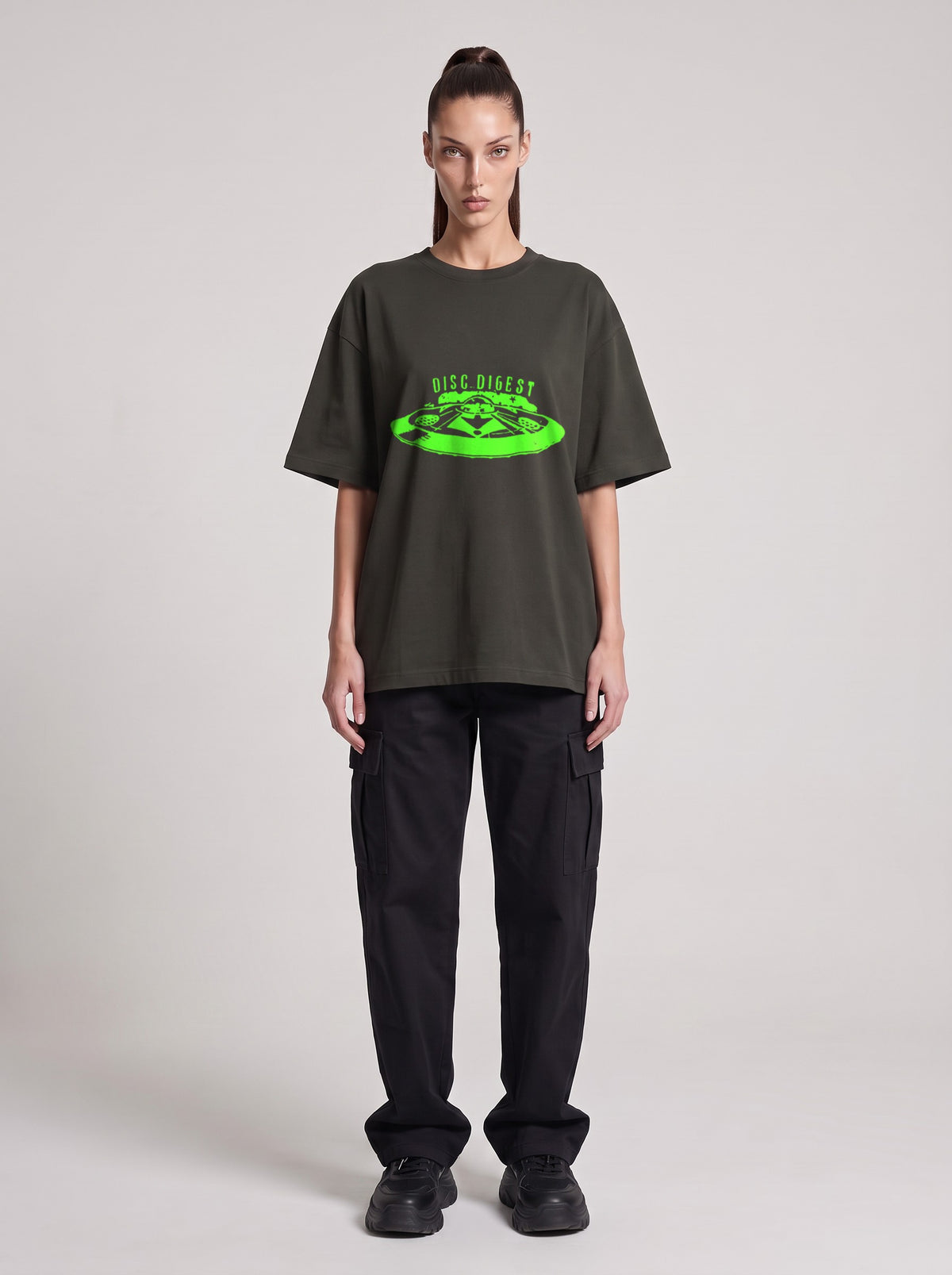 Disc Digest Neon — Drop Shoulder T-Shirt in Dark Gray, front, worn by female model