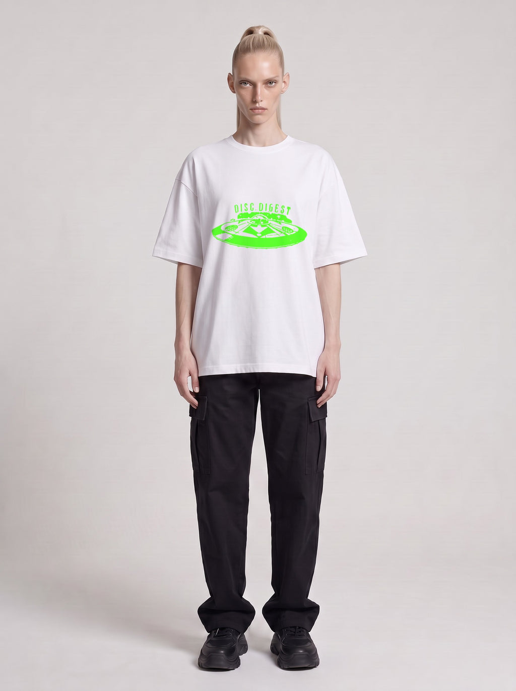 Disc Digest Neon — Drop Shoulder T-Shirt in Lucent White, front, worn by male model