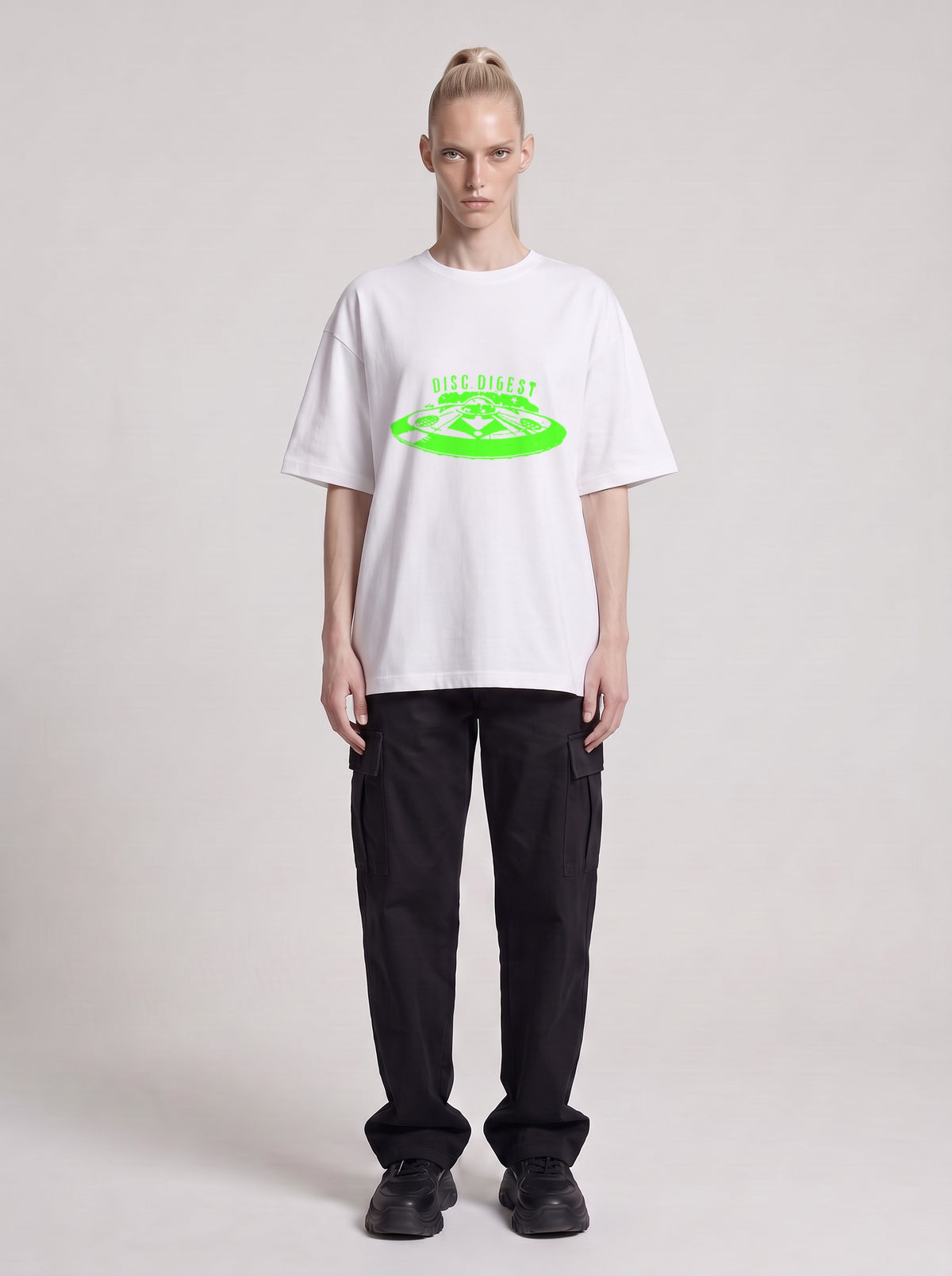 Disc Digest Neon — Drop Shoulder T-Shirt in Lucent White, front, worn by male model