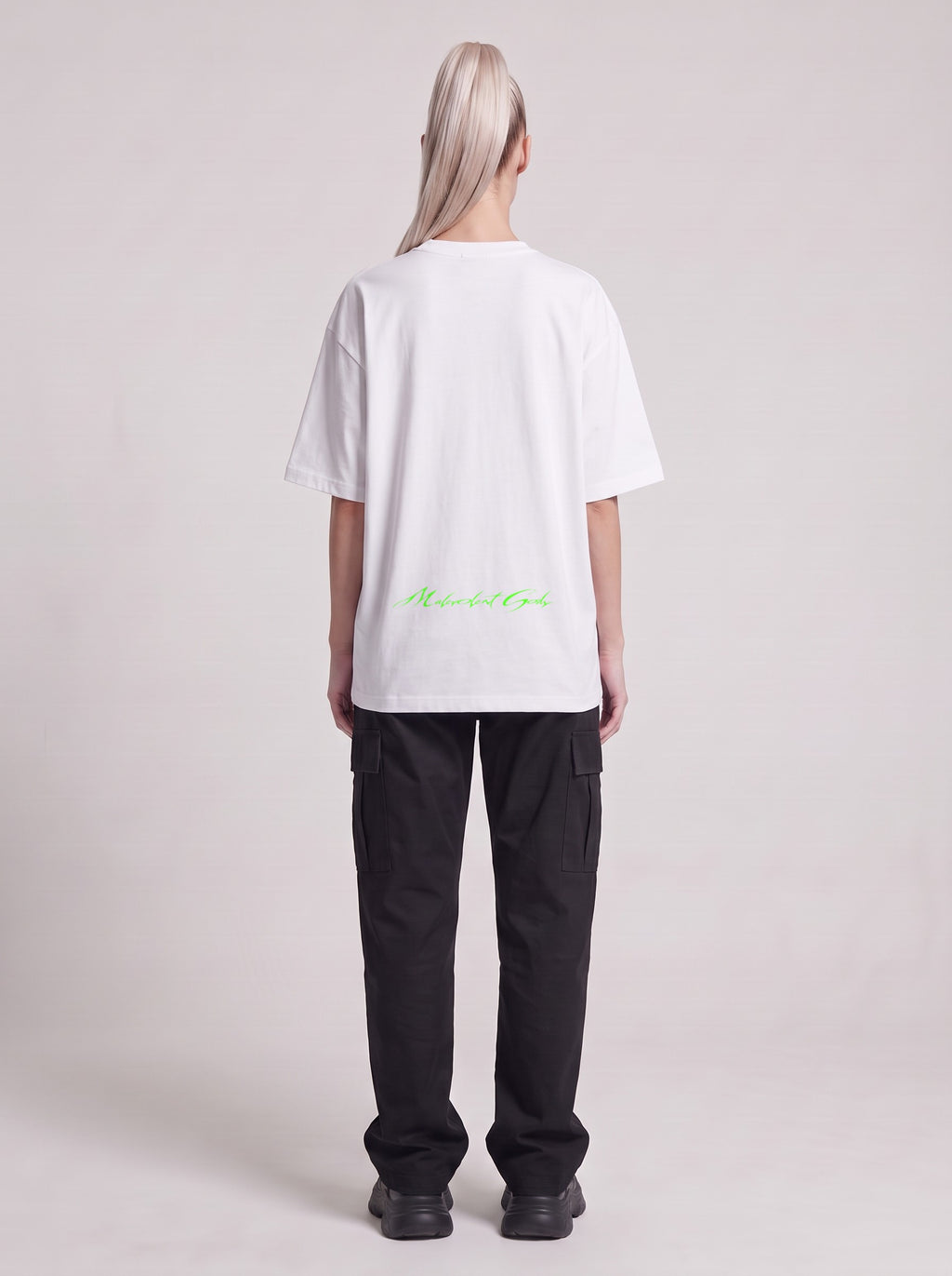 Disc Digest Neon — Drop Shoulder T-Shirt in Lucent White, back, worn by female model