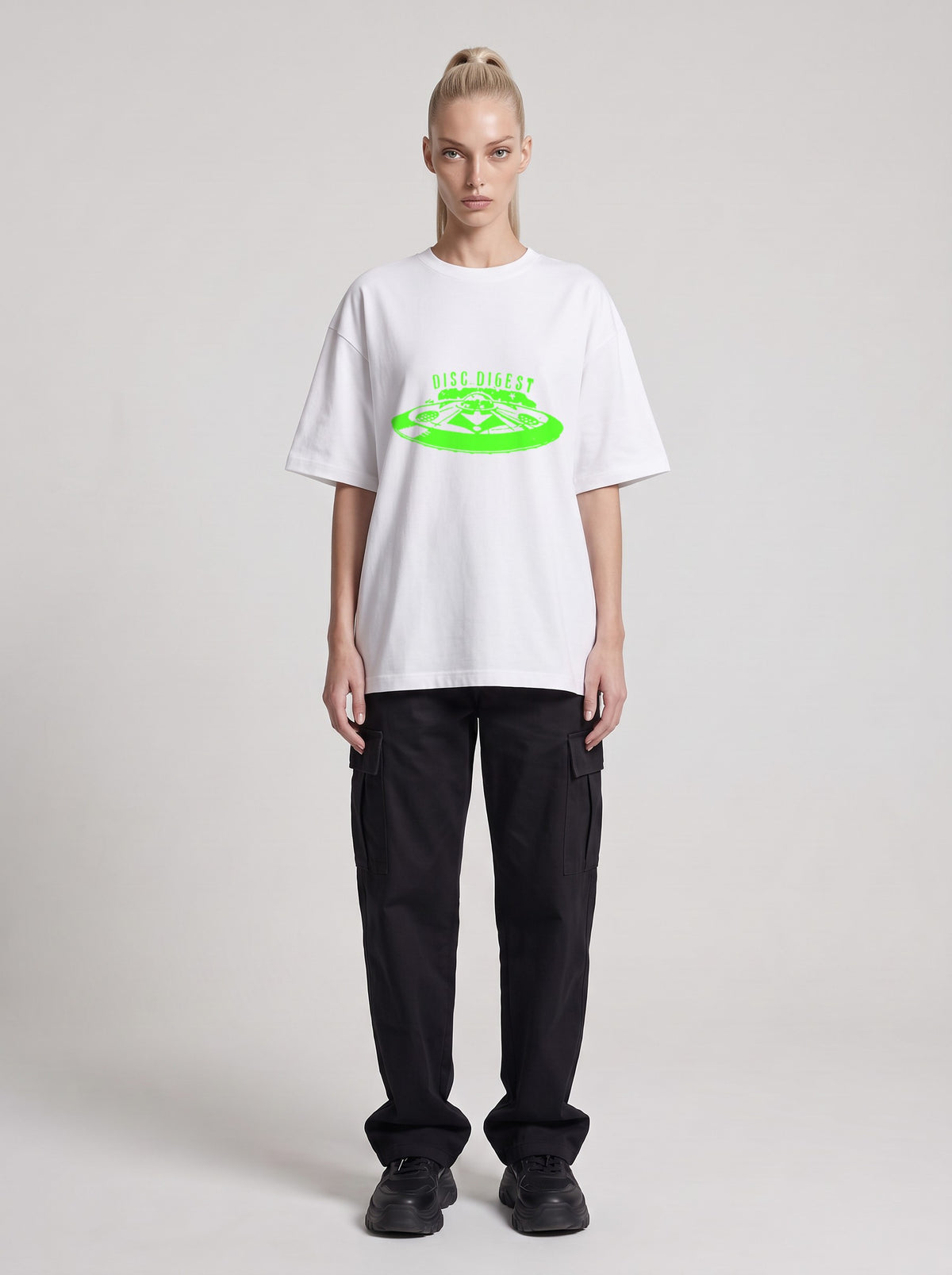 Disc Digest Neon — Drop Shoulder T-Shirt in Lucent White, front, worn by female model
