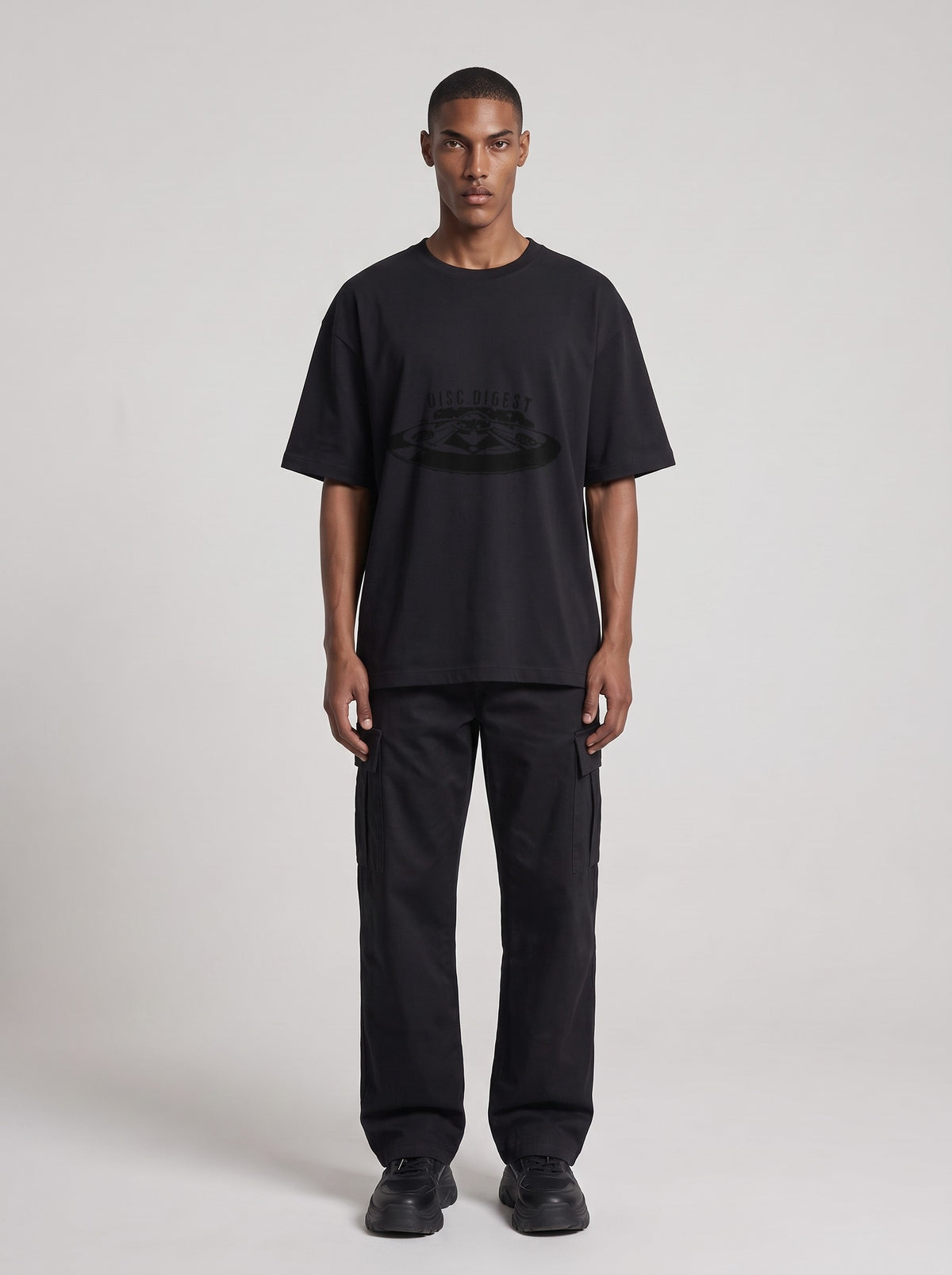 Disc Digest — Drop Shoulder T-Shirt in Black Beauty, front, worn by male model