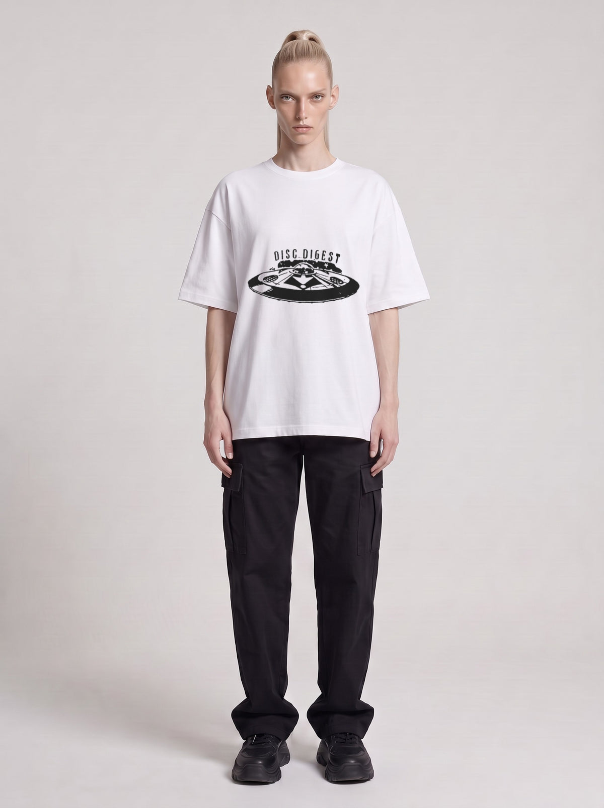 Disc Digest — Drop Shoulder T-Shirt in Lucent White, front, worn by male model