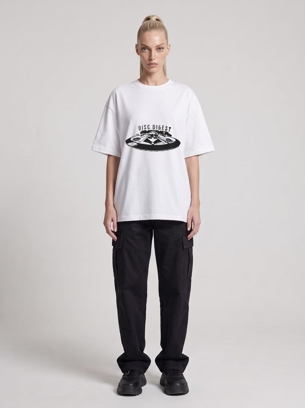 Disc Digest — Drop Shoulder T-Shirt in Lucent White, front, worn by female model