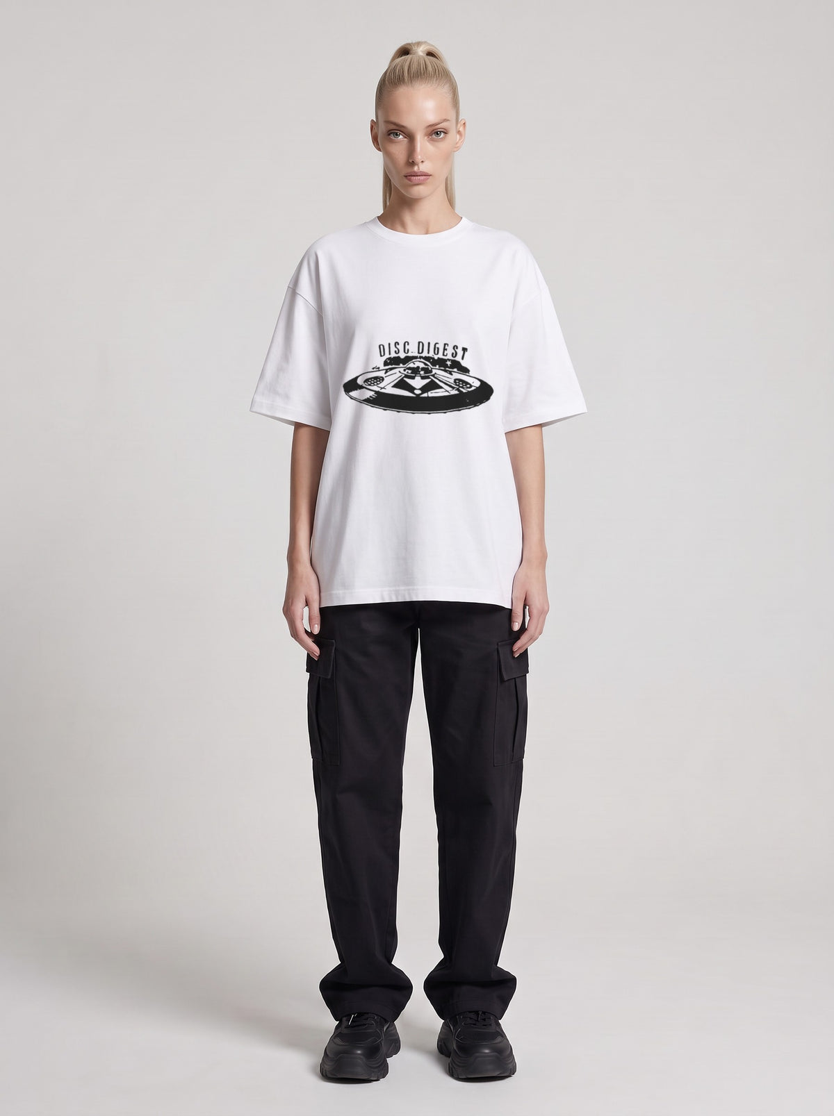 Disc Digest — Drop Shoulder T-Shirt in Lucent White, front, worn by female model