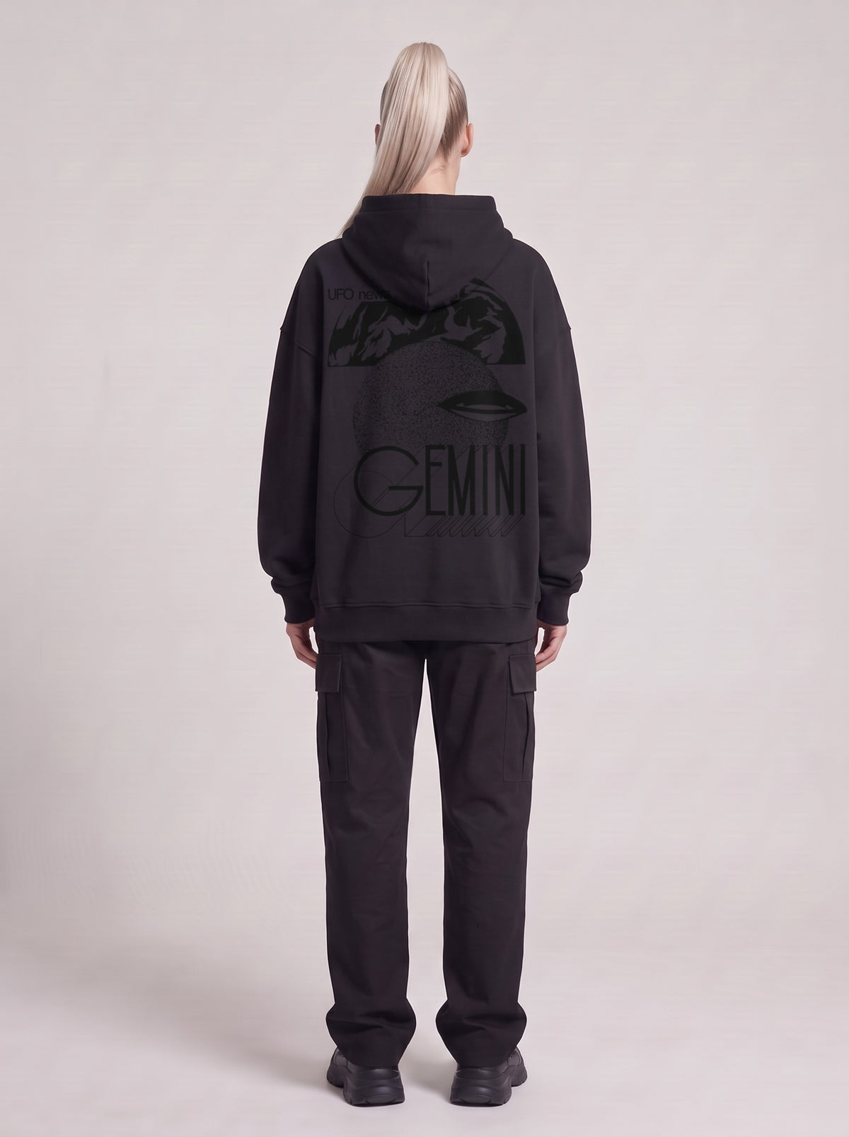 Gemini — Boxy Hoodie in Black, back, worn by male model