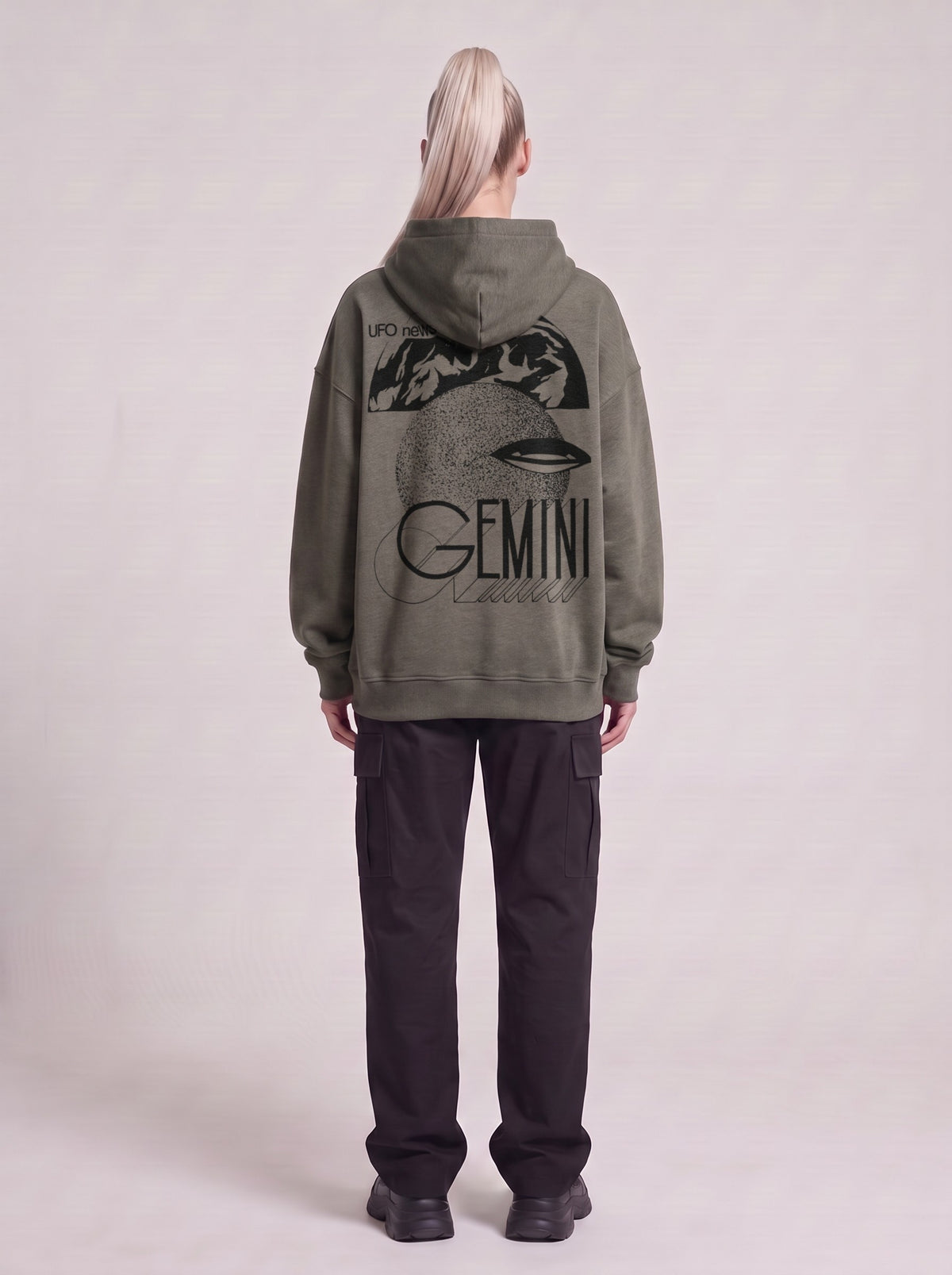 Gemini — Boxy Hoodie in Dark Gray, back, worn by male model