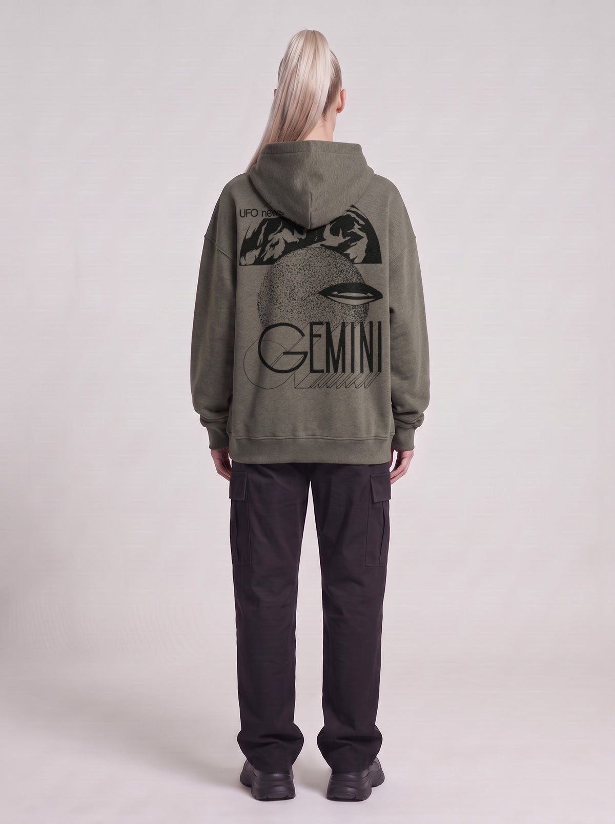 Gemini — Boxy Hoodie in Dark Gray, back, worn by female model