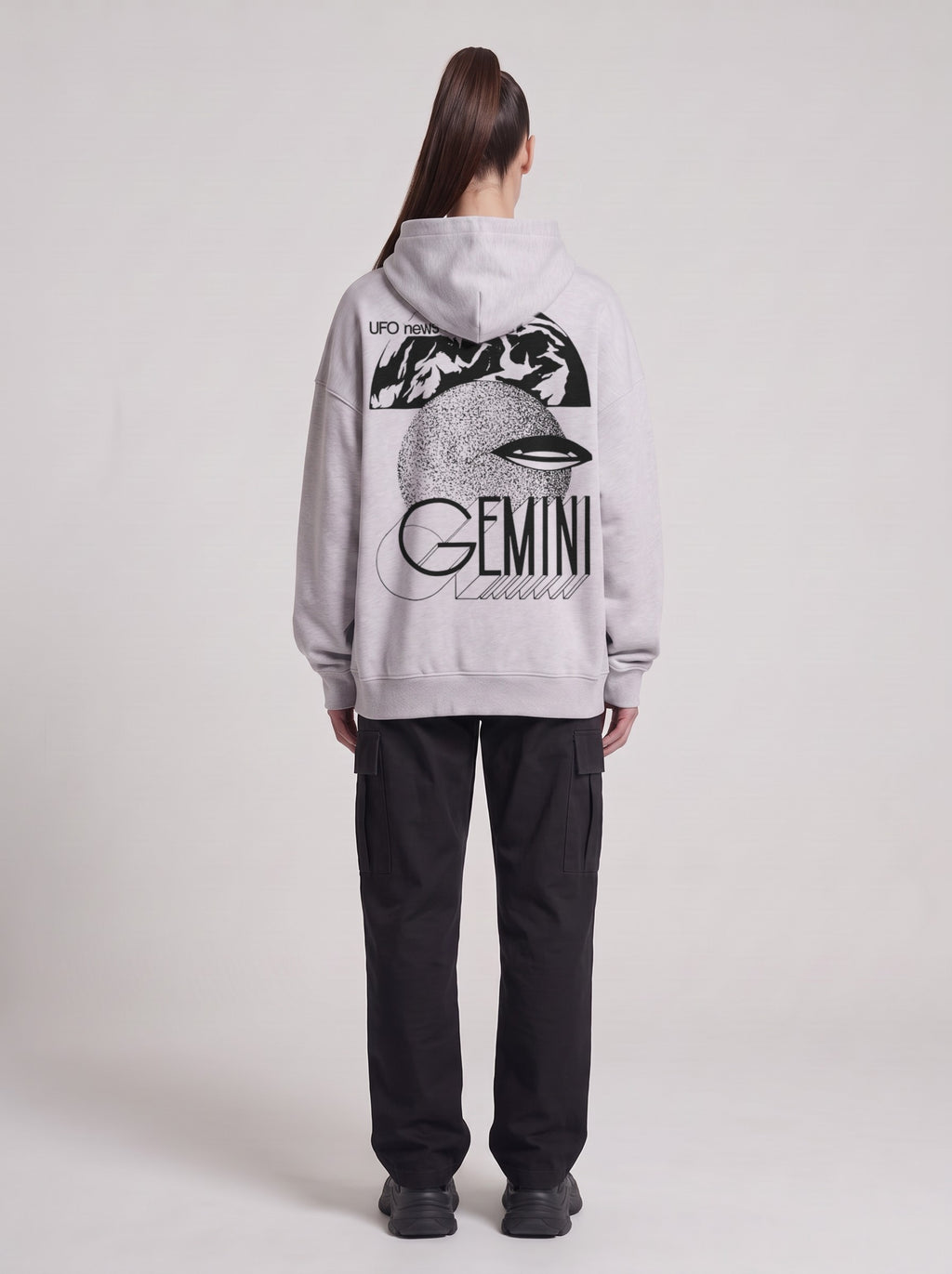 Gemini — Boxy Hoodie in Flower Gray, back, worn by female model