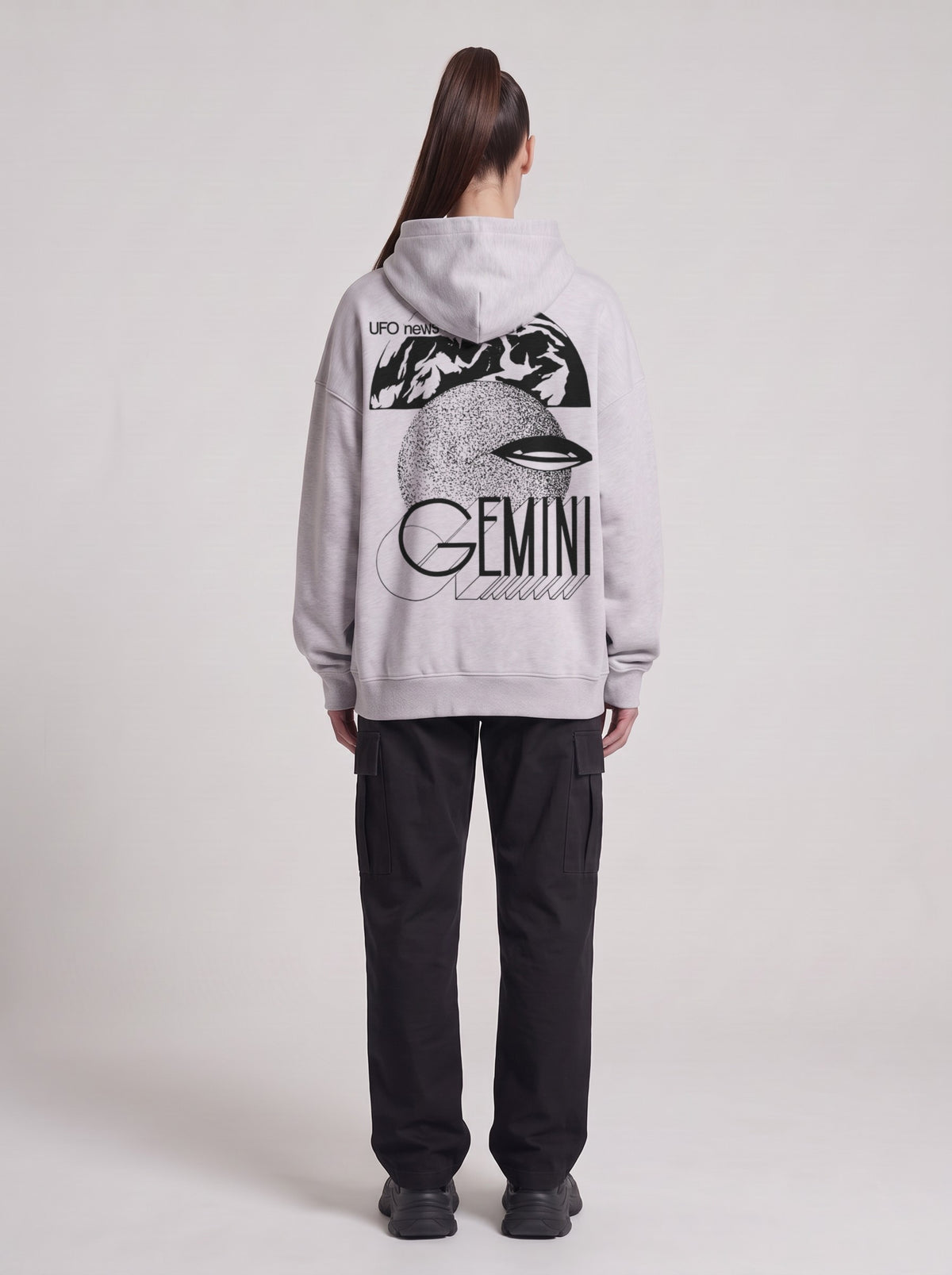 Gemini — Boxy Hoodie in Flower Gray, back, worn by female model