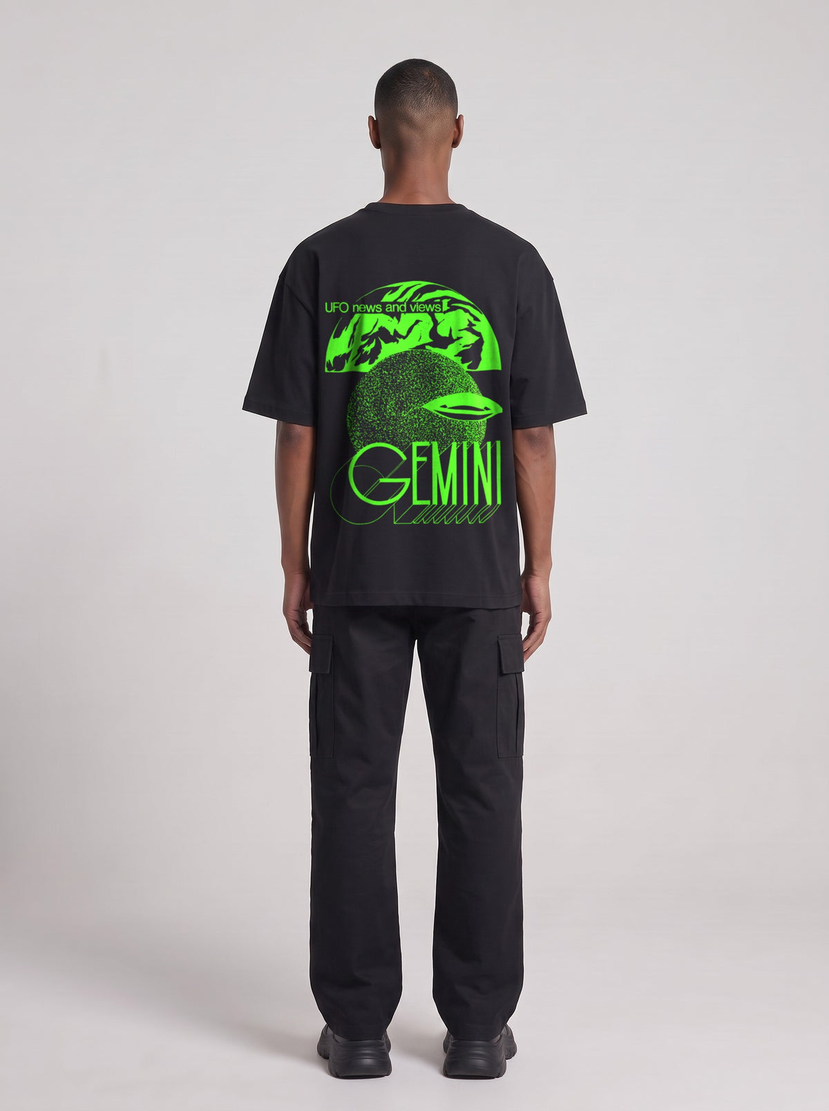 Gemini Neon — Drop Shoulder T-Shirt in Black Beauty, back, worn by male model