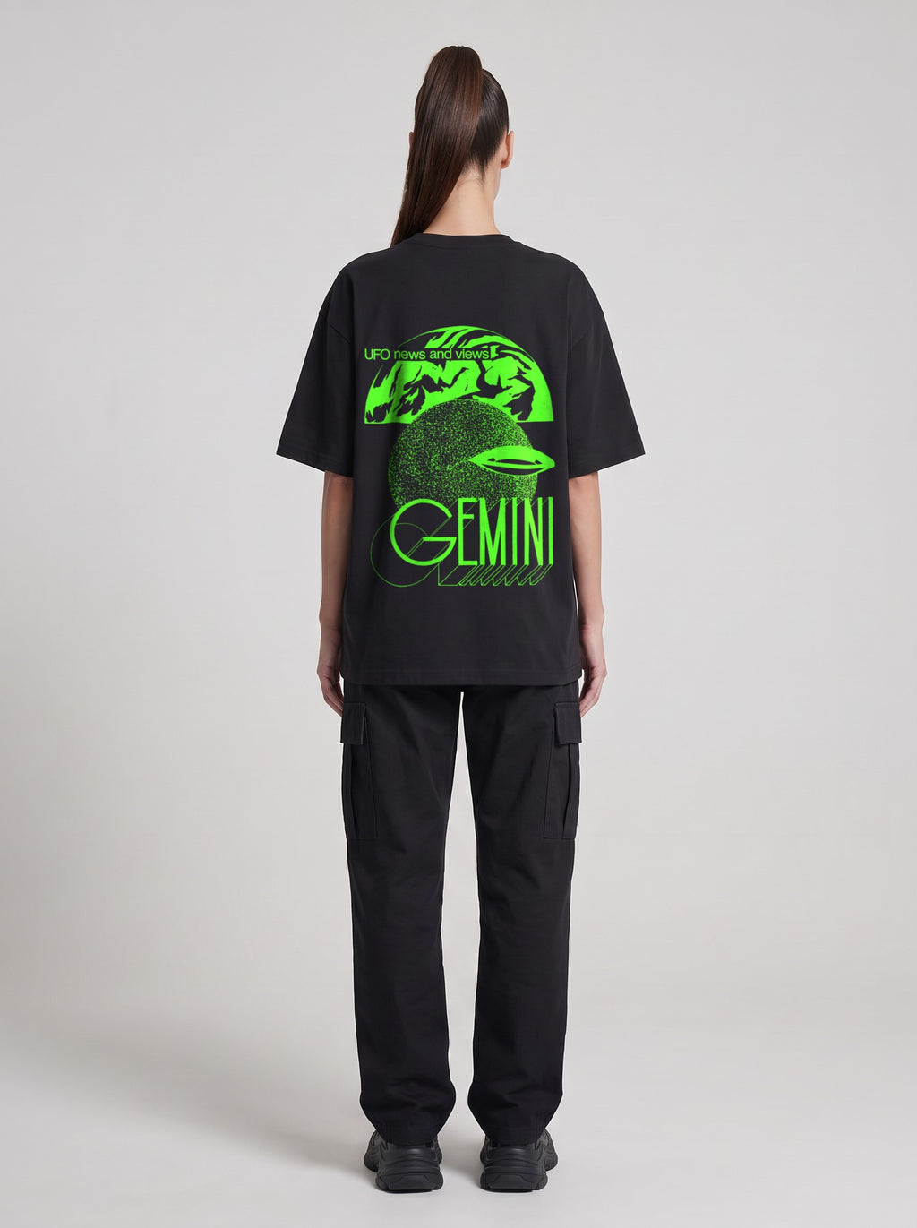 Gemini Neon — Drop Shoulder T-Shirt in Black Beauty, back, worn by female model