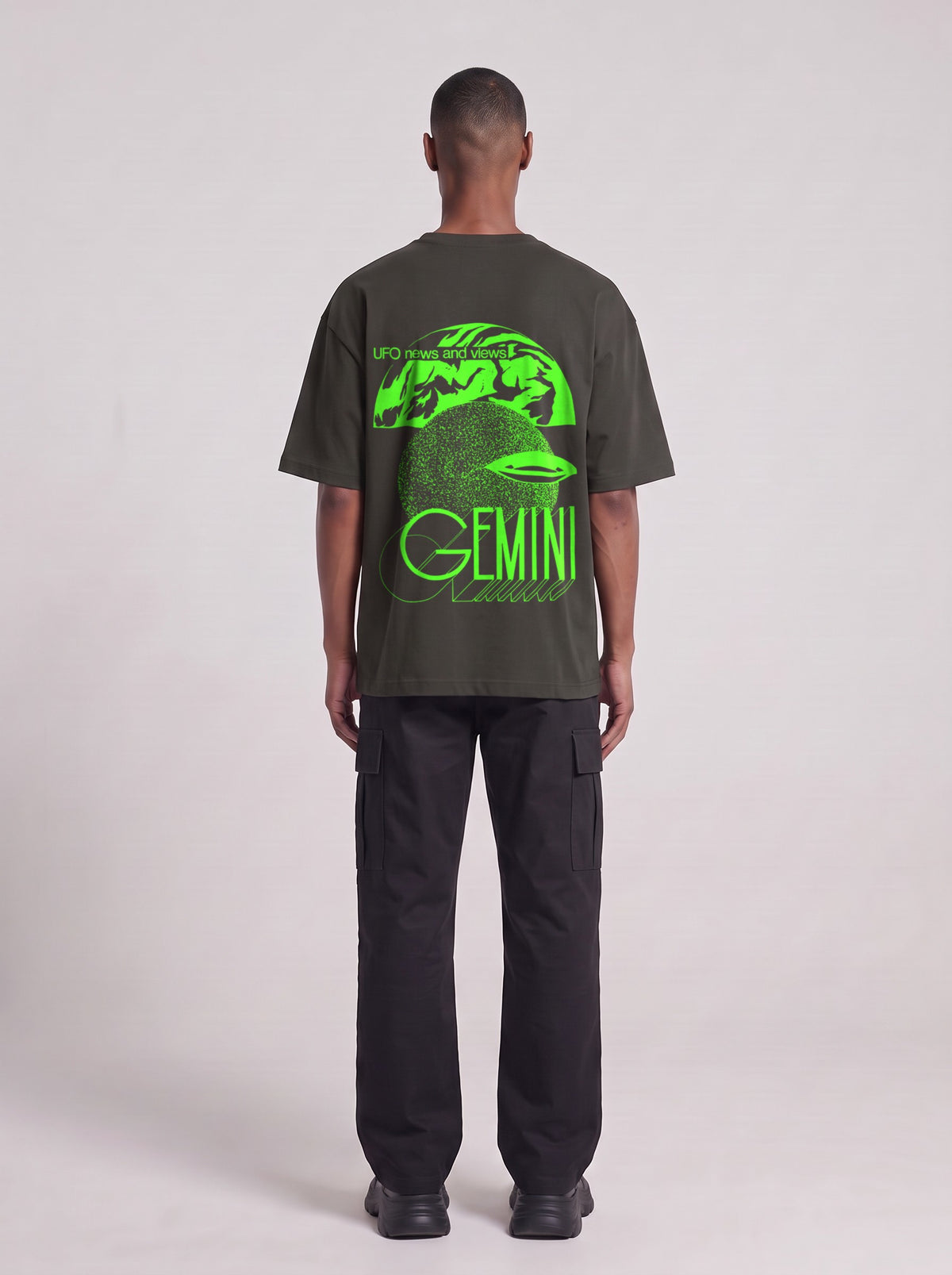 Gemini Neon — Drop Shoulder T-Shirt in Dark Gray, back, worn by male model