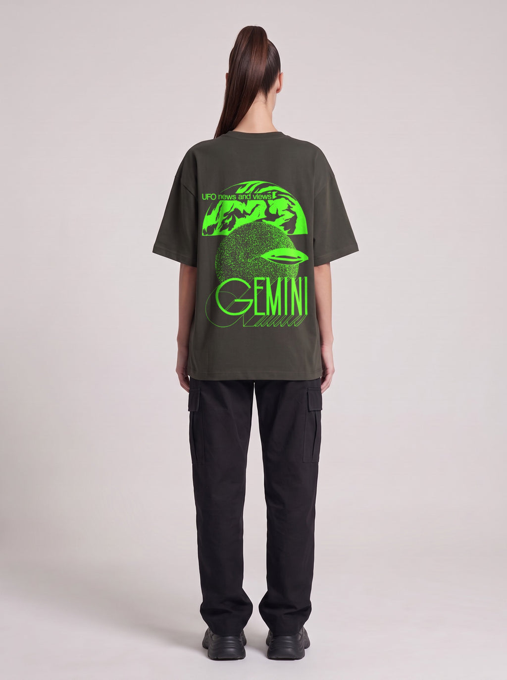 Gemini Neon — Drop Shoulder T-Shirt in Dark Gray, back, worn by female model