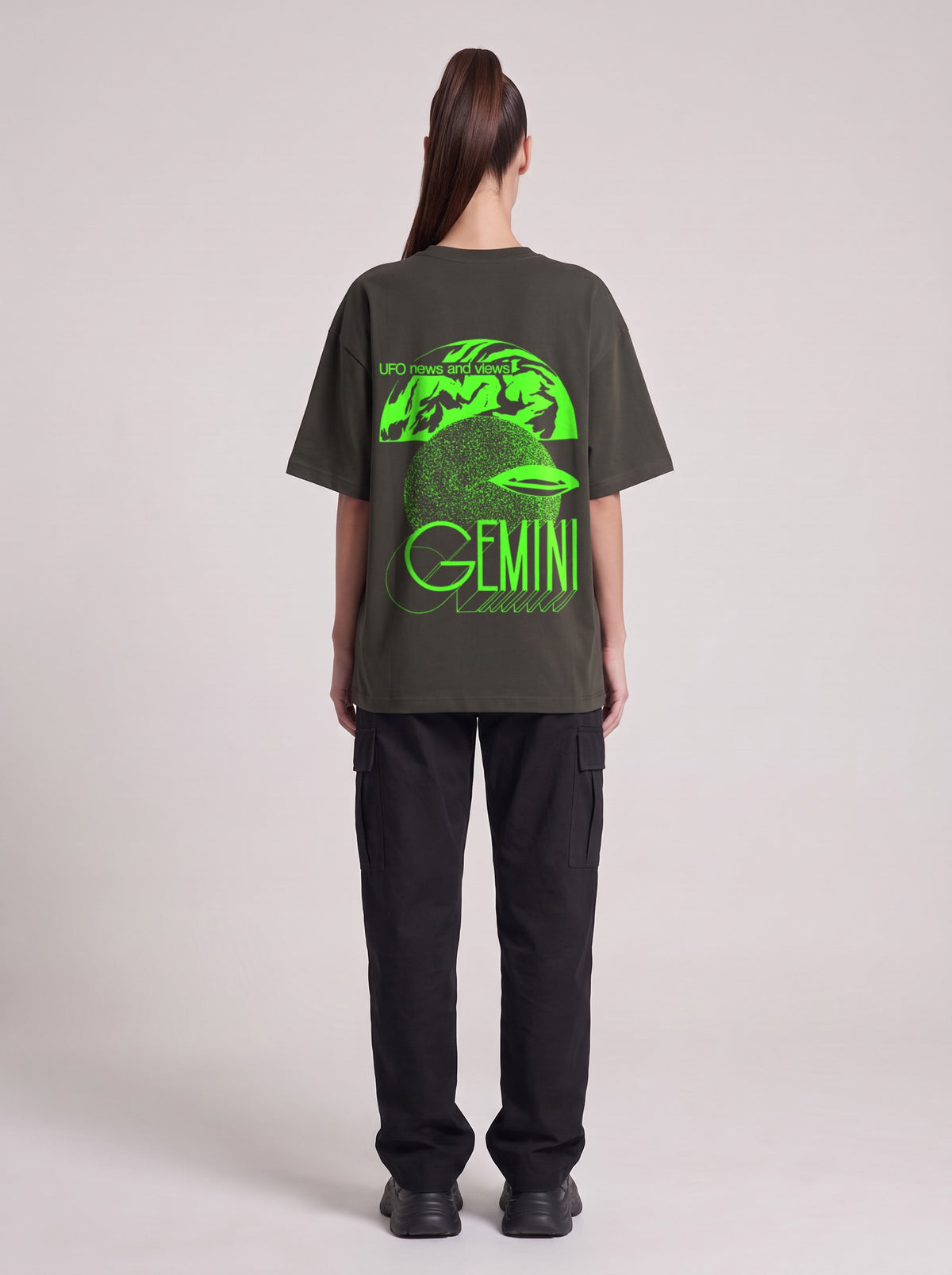 Gemini Neon — Drop Shoulder T-Shirt in Dark Gray, back, worn by female model
