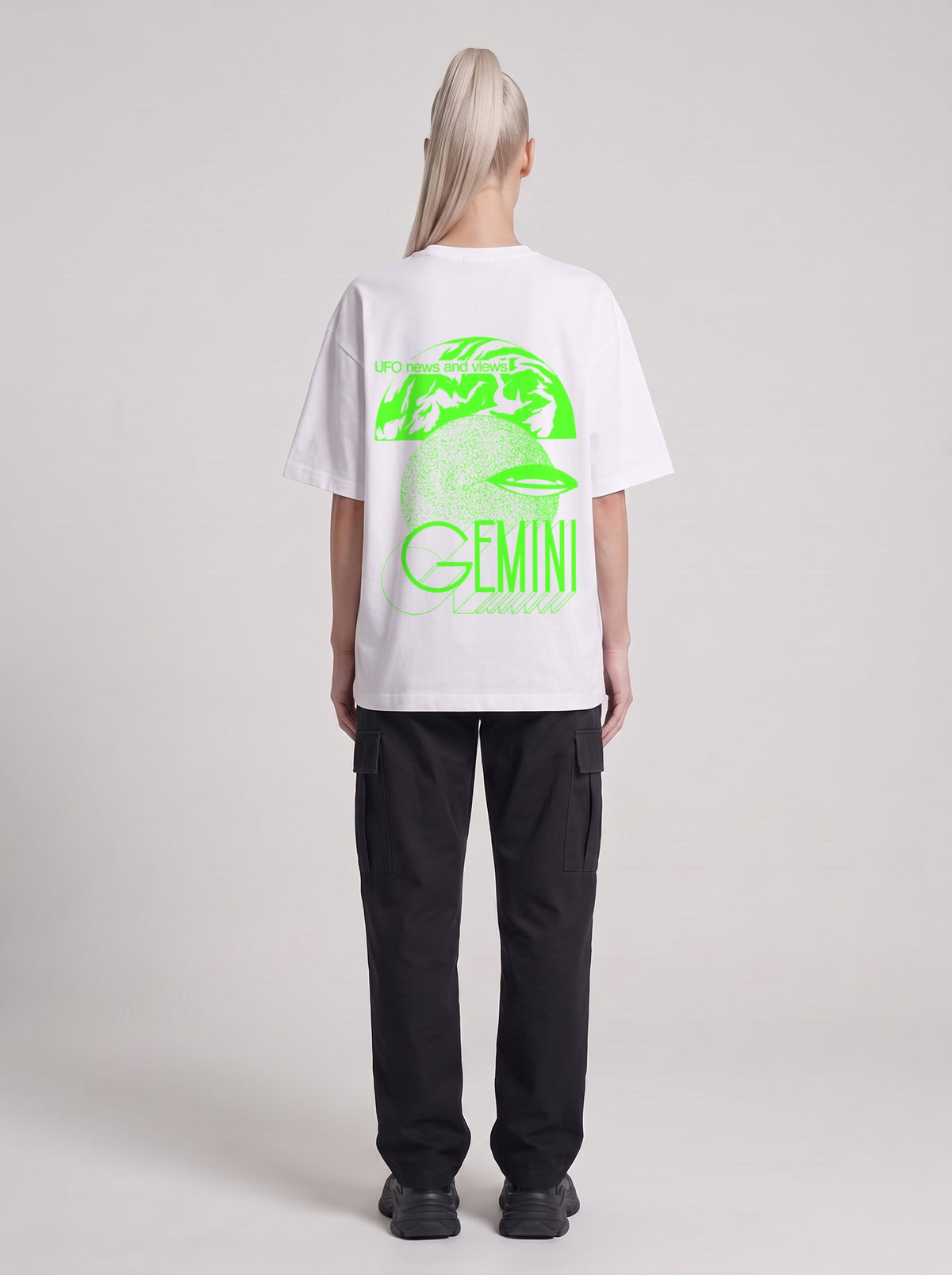 Gemini Neon — Drop Shoulder T-Shirt in Lucent White, back, worn by male model