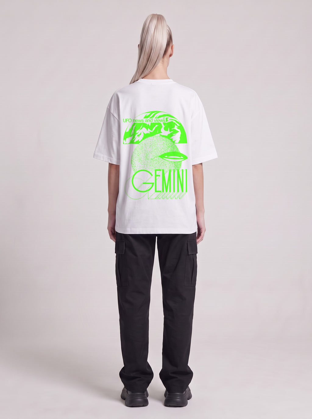 Gemini Neon — Drop Shoulder T-Shirt in Lucent White, back, worn by female model