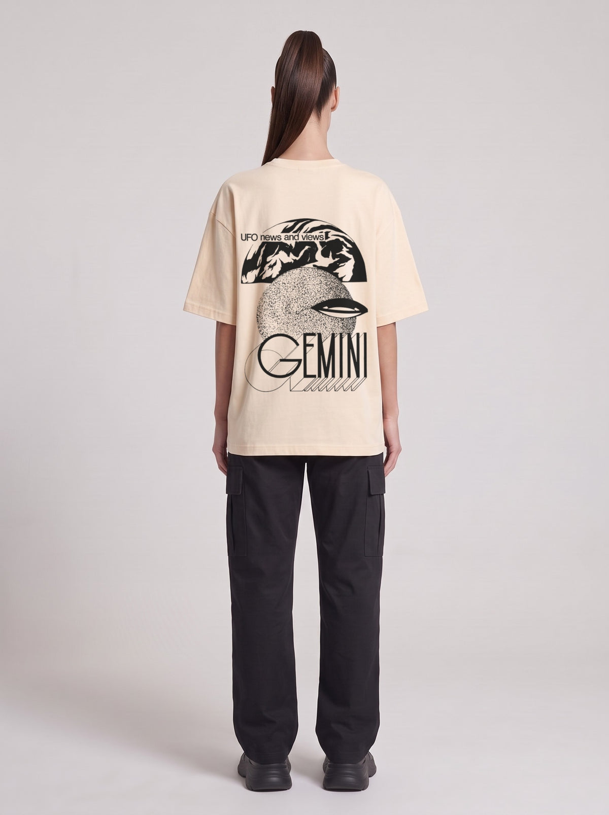 Gemini — Drop Shoulder T-Shirt in Light Apricot, back, worn by female model
