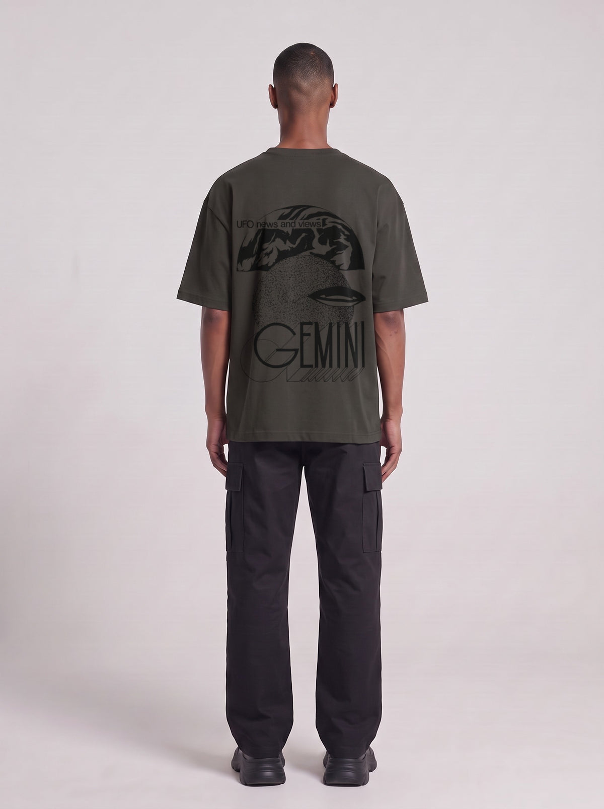 Gemini — Drop Shoulder T-Shirt in Dark Gray, back, worn by male model