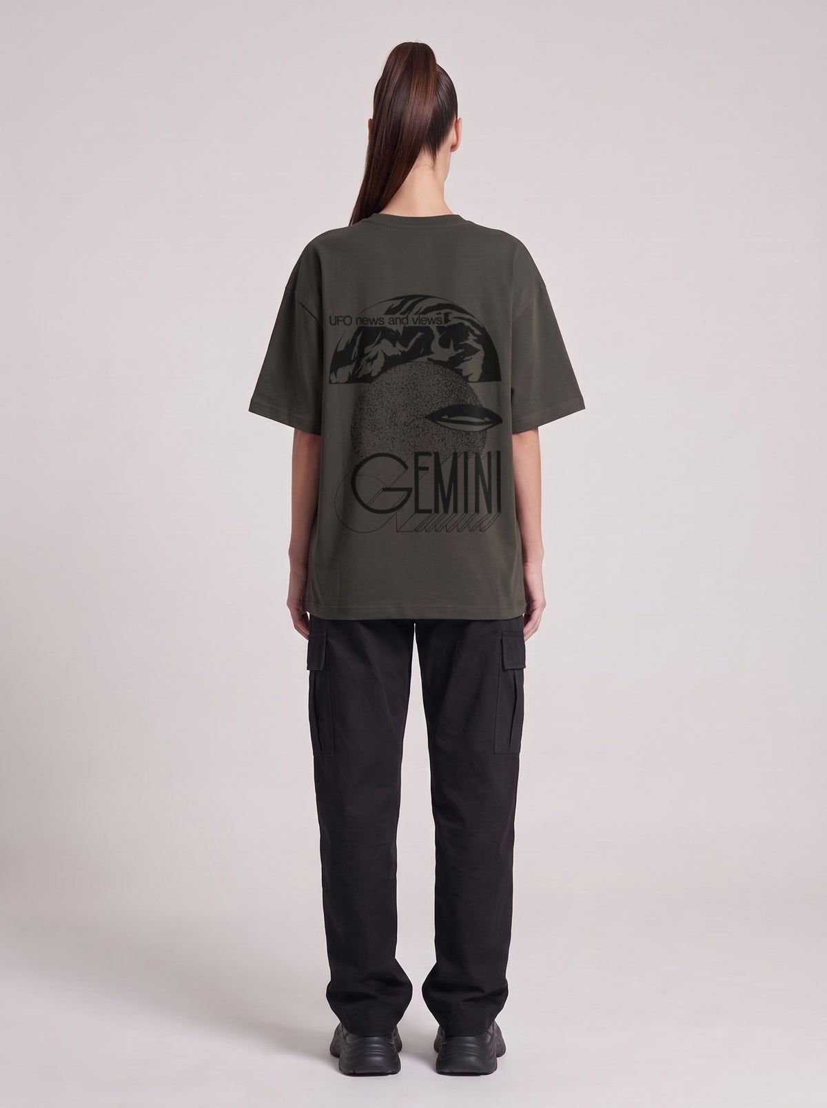 Gemini — Drop Shoulder T-Shirt in Dark Gray, back, worn by female model