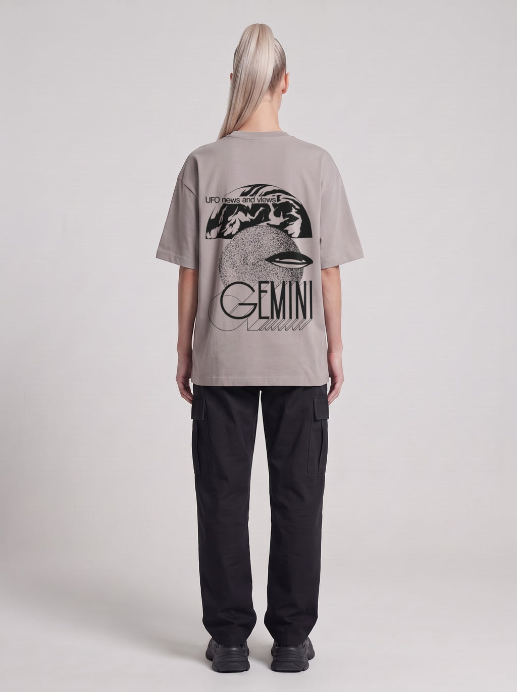 Gemini — Drop Shoulder T-Shirt in Light Gray, back, worn by male model