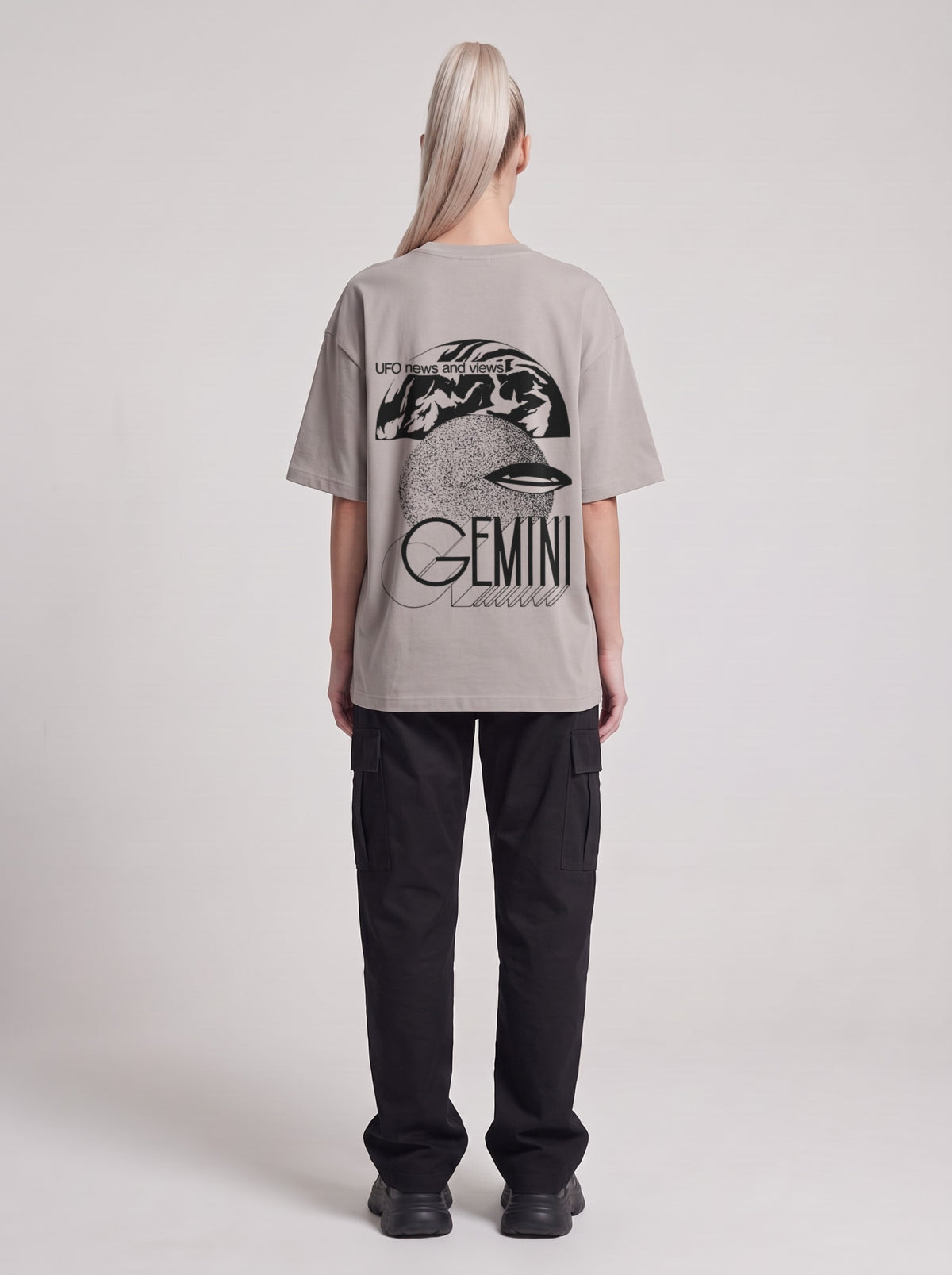 Gemini — Drop Shoulder T-Shirt in Light Gray, back, worn by female model