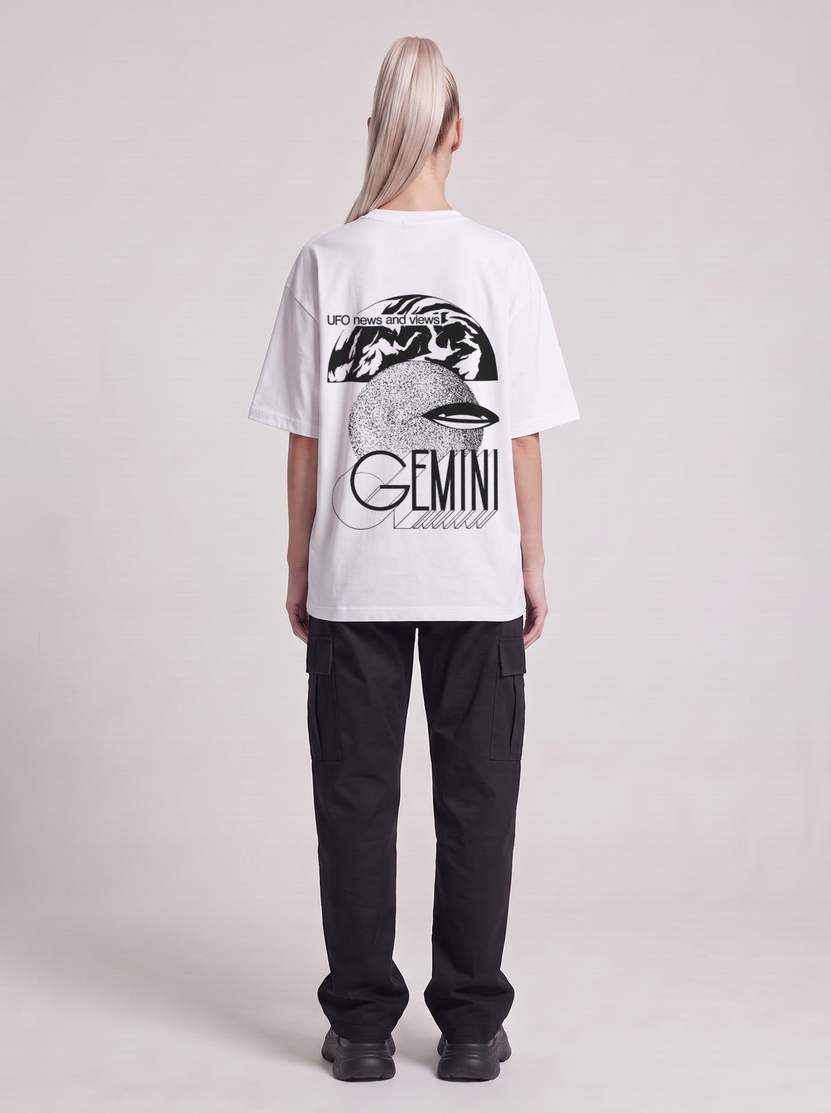 Gemini — Drop Shoulder T-Shirt in Lucent White, back, worn by female model