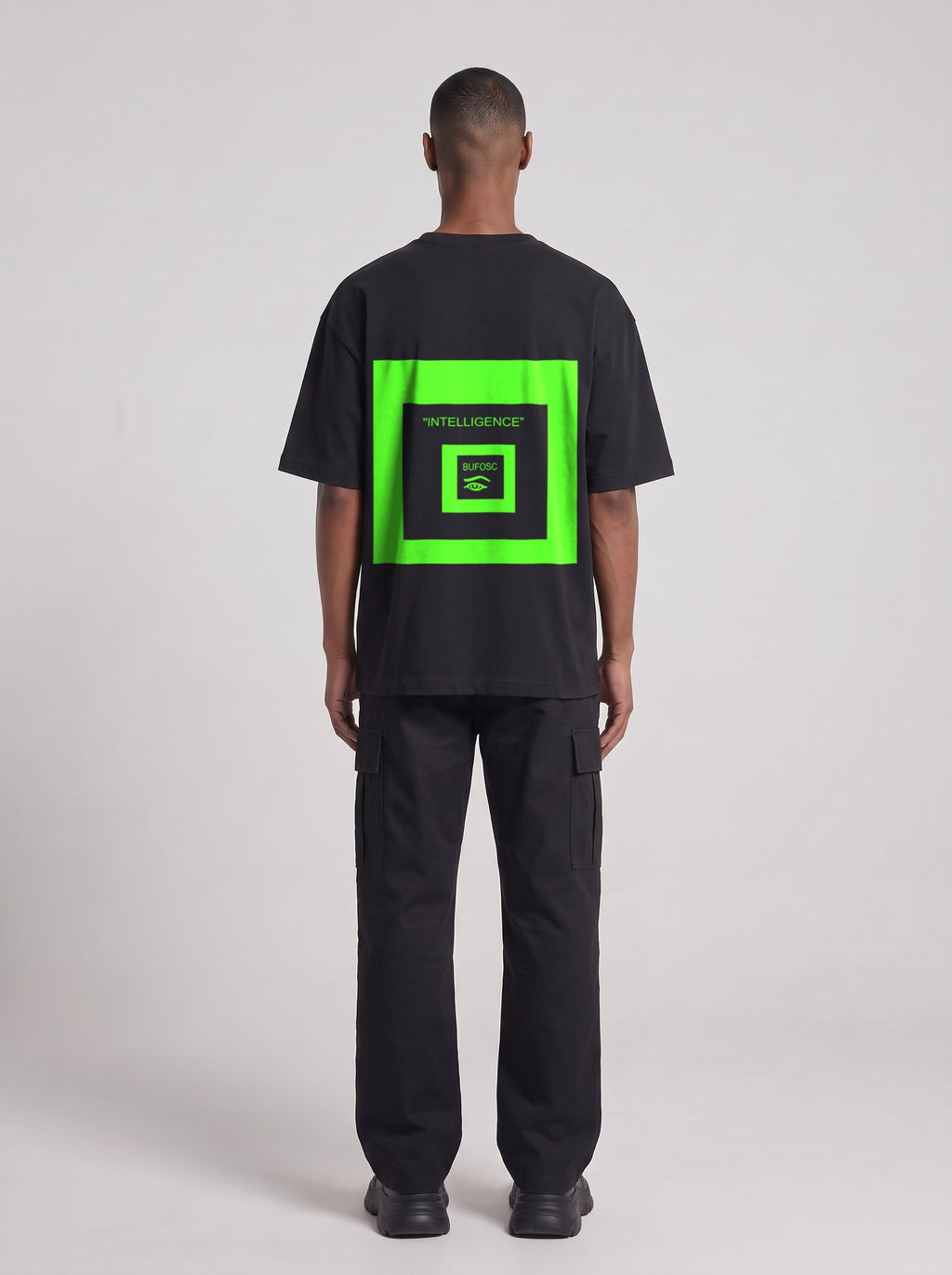Intelligence Neon — Drop Shoulder T-Shirt in Black Beauty, back, worn by male model