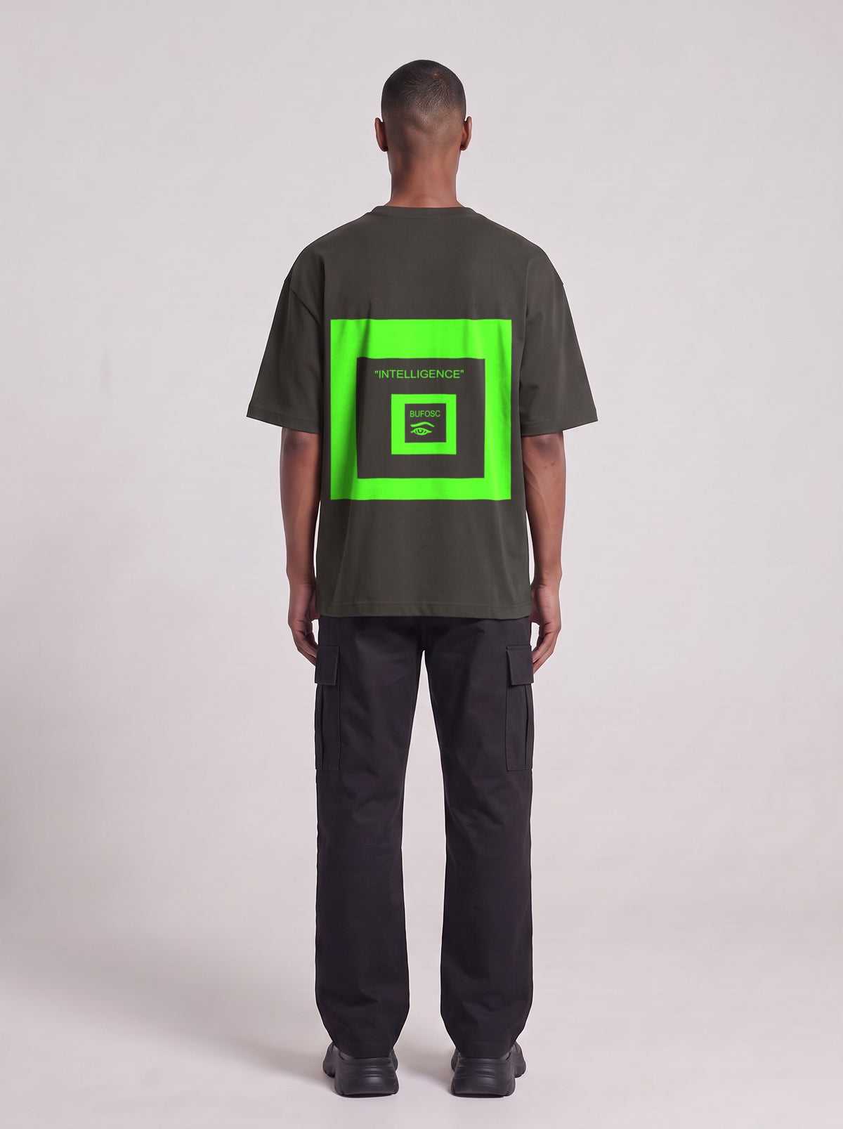 Intelligence Neon — Drop Shoulder T-Shirt in Dark Gray, back, worn by male model