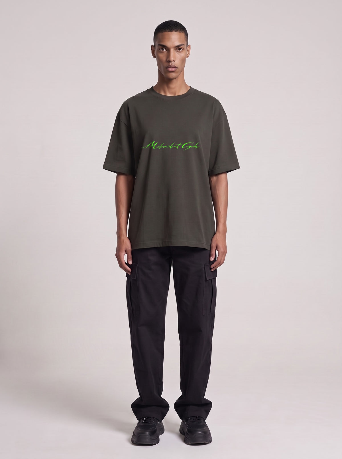 Intelligence Neon — Drop Shoulder T-Shirt in Dark Gray, front, worn by male model