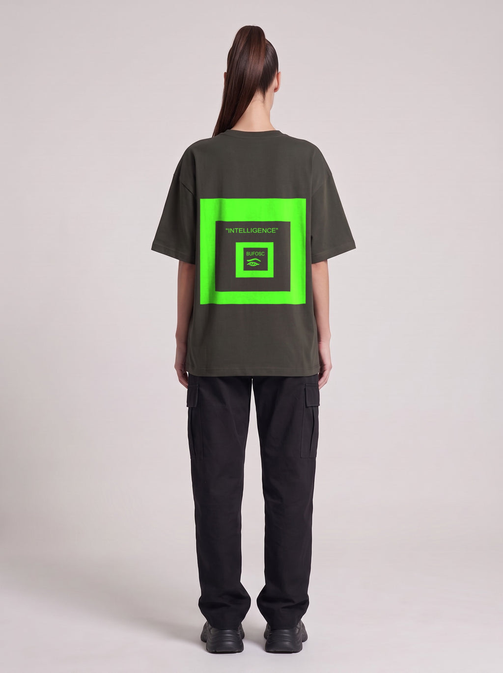 Intelligence Neon — Drop Shoulder T-Shirt in Dark Gray, back, worn by female model