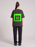 Intelligence Neon — Drop Shoulder T-Shirt in Dark Gray, back, worn by female model