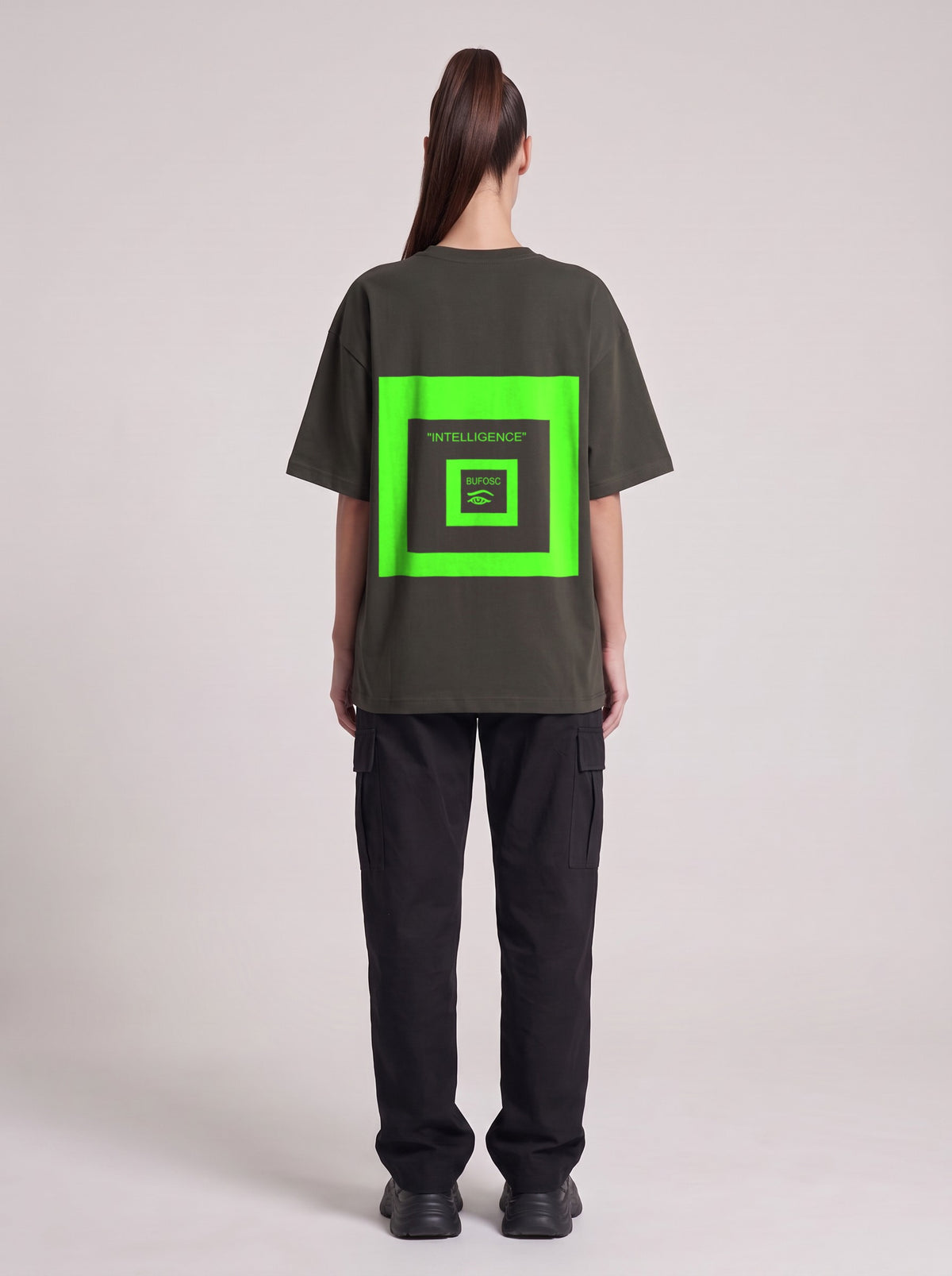 Intelligence Neon — Drop Shoulder T-Shirt in Dark Gray, back, worn by female model
