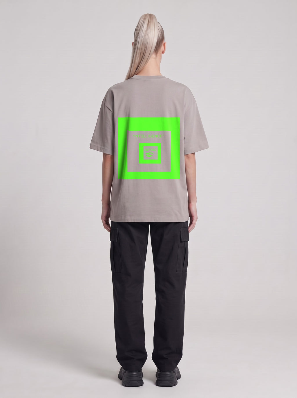 Intelligence Neon — Drop Shoulder T-Shirt in Light Gray, back, worn by male model