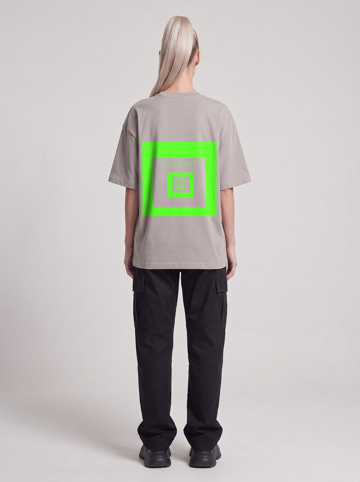Intelligence Neon — Drop Shoulder T-Shirt in Light Gray, back, worn by female model
