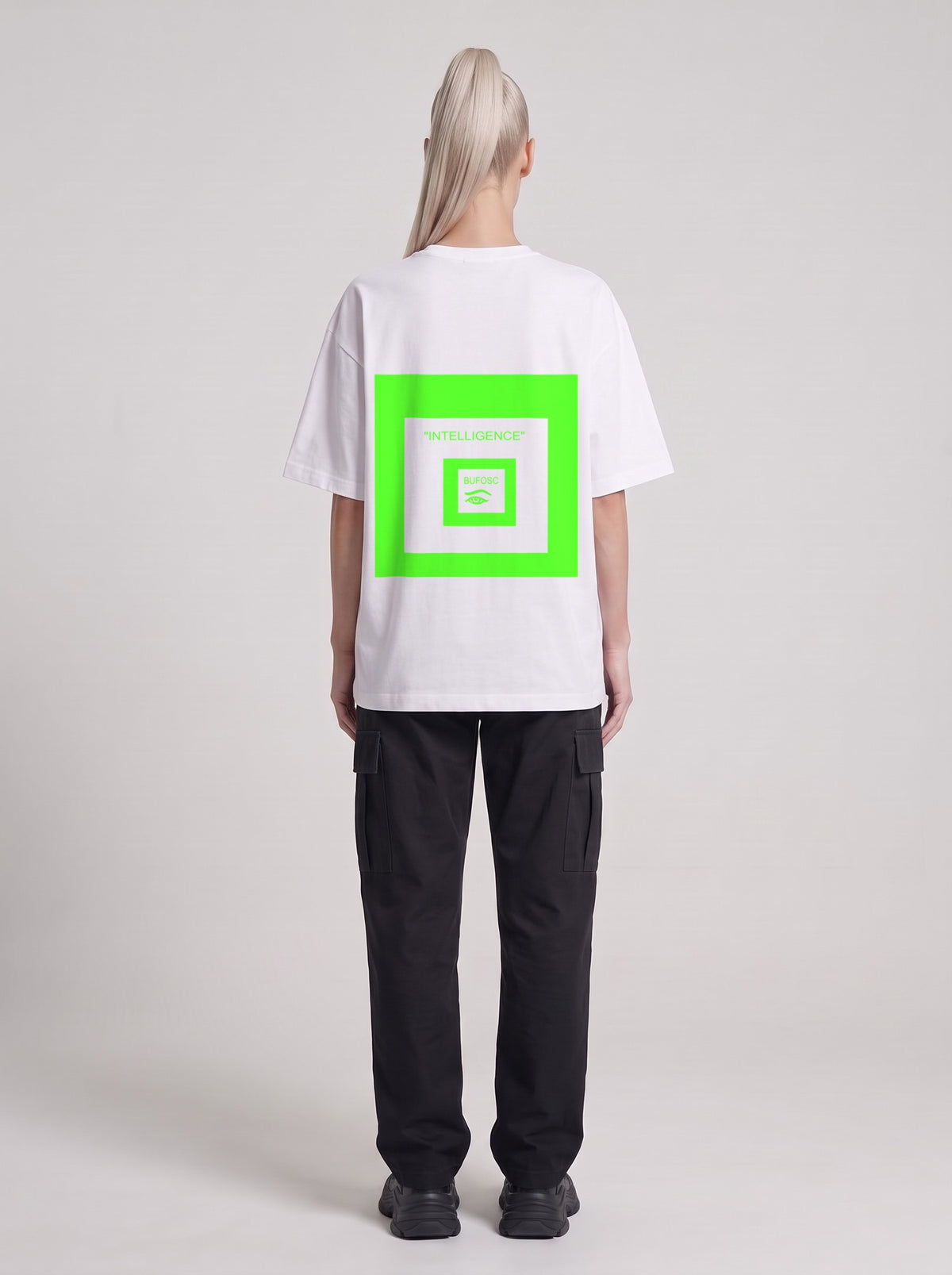 Intelligence Neon — Drop Shoulder T-Shirt in Lucent White, back, worn by male model