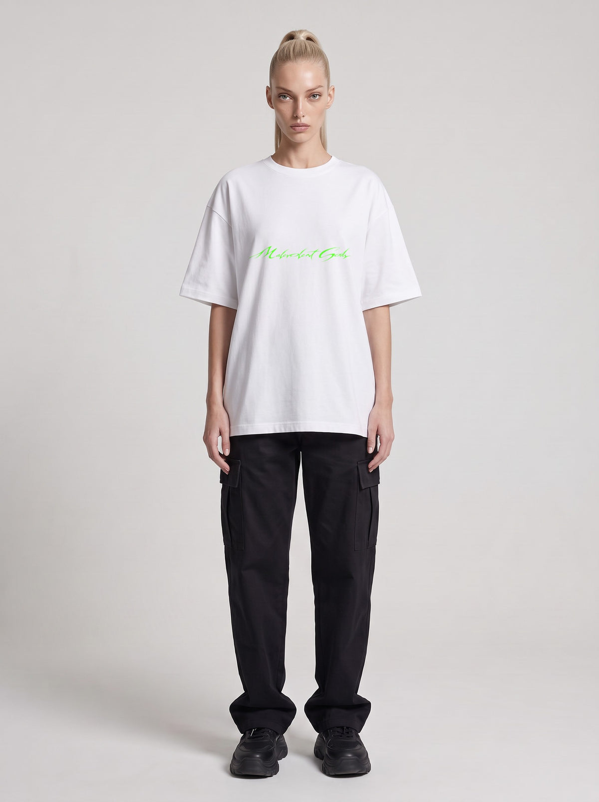 Intelligence Neon — Drop Shoulder T-Shirt in Lucent White, front, worn by female model