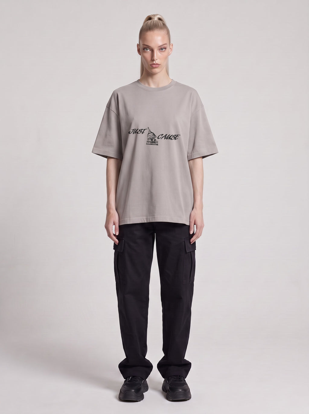 Just Cause — Drop Shoulder T-Shirt in Light Gray, front, worn by male model
