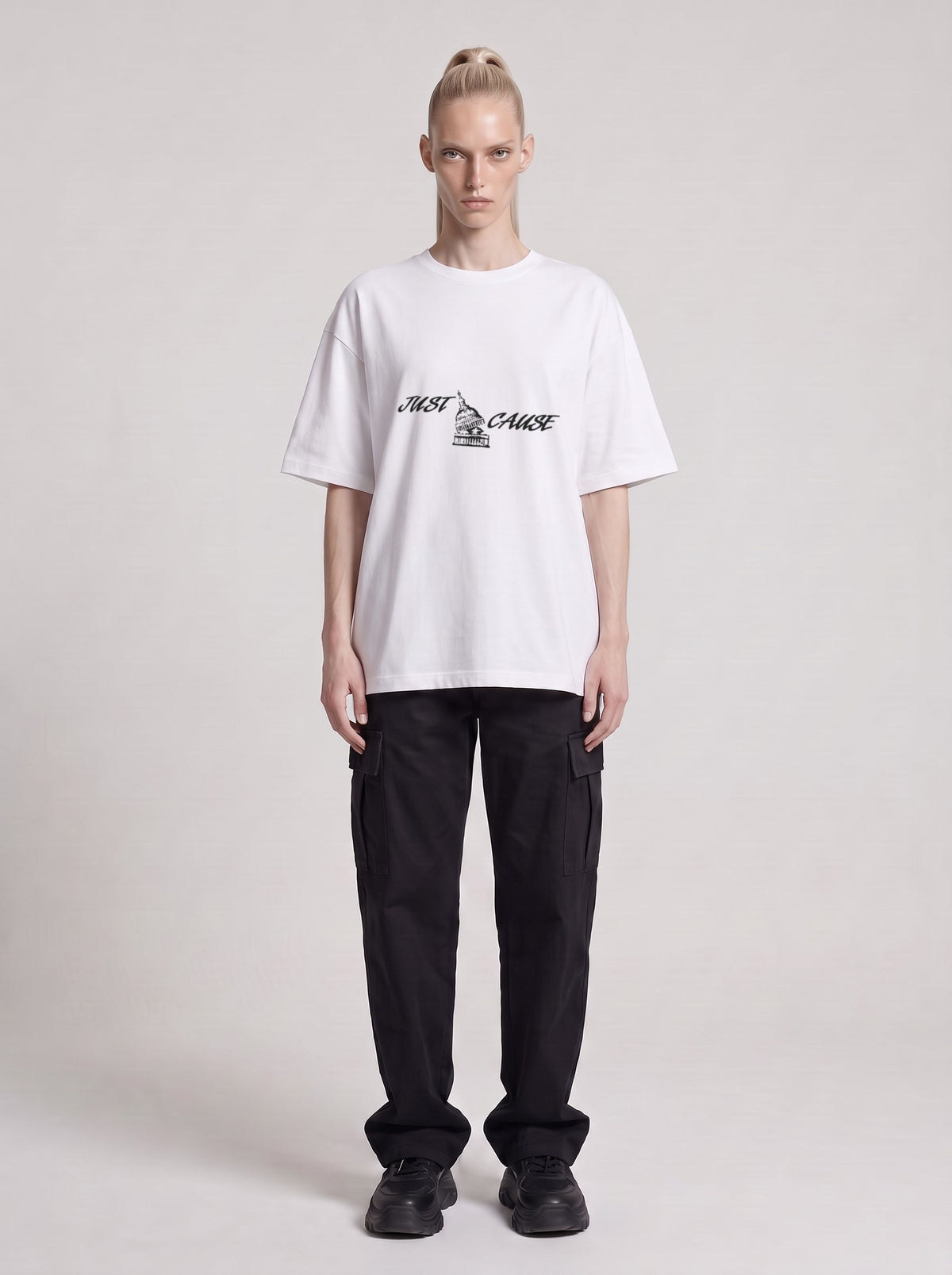 Just Cause — Drop Shoulder T-Shirt in Lucent White, front, worn by male model