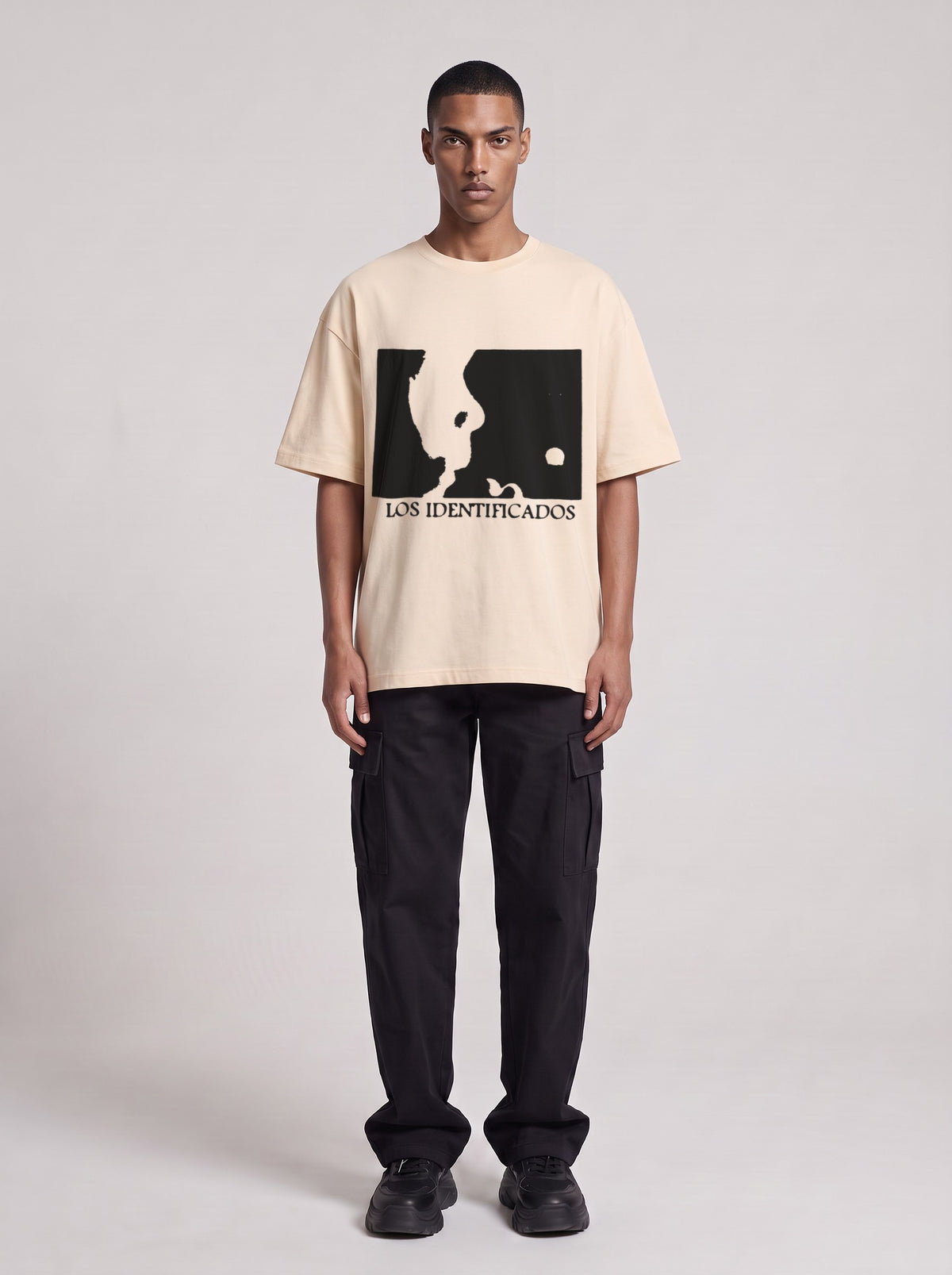 Los Identificados — Drop Shoulder T-Shirt in Light Apricot, front, worn by male model