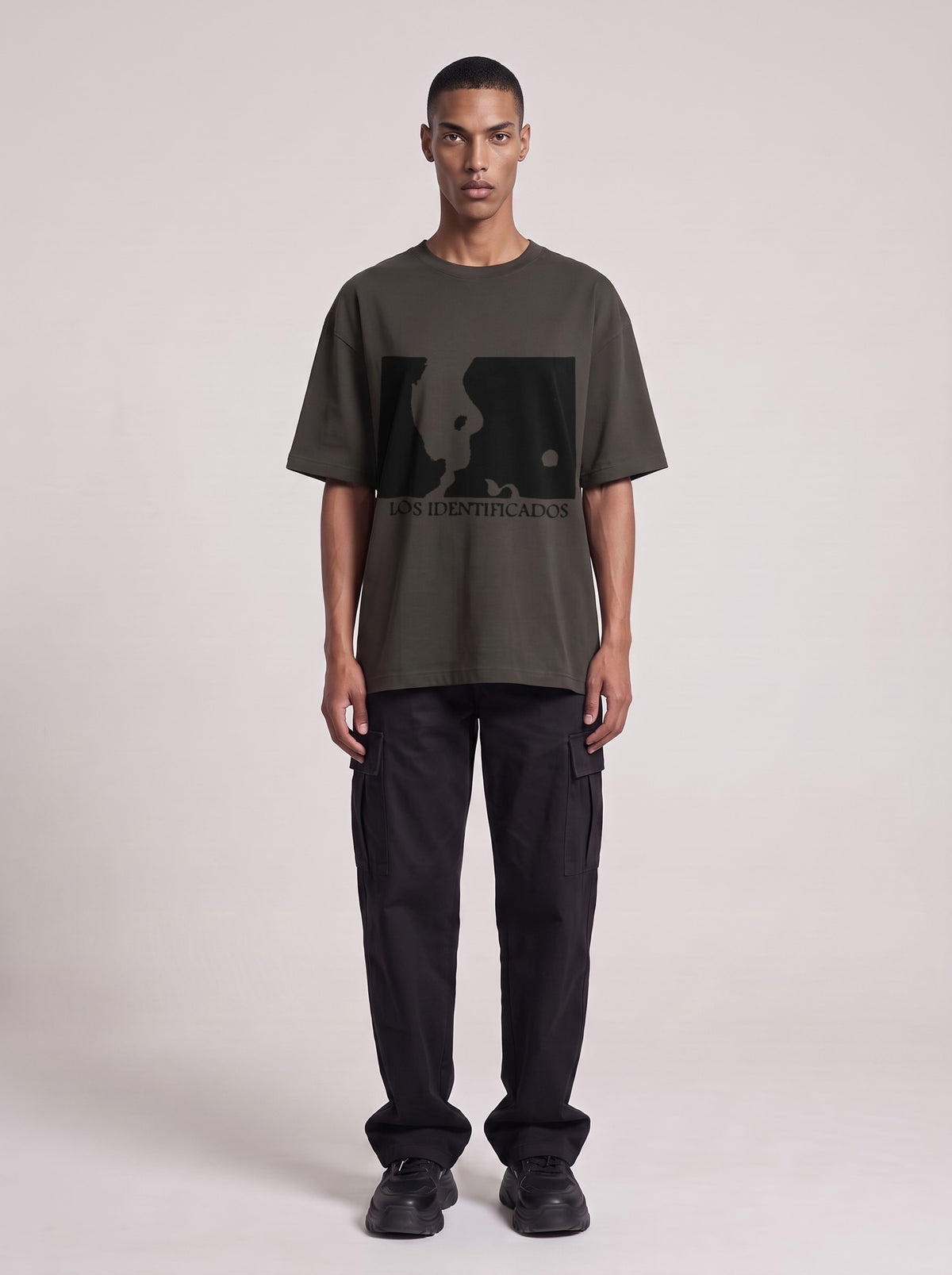 Los Identificados — Drop Shoulder T-Shirt in Dark Gray, front, worn by male model