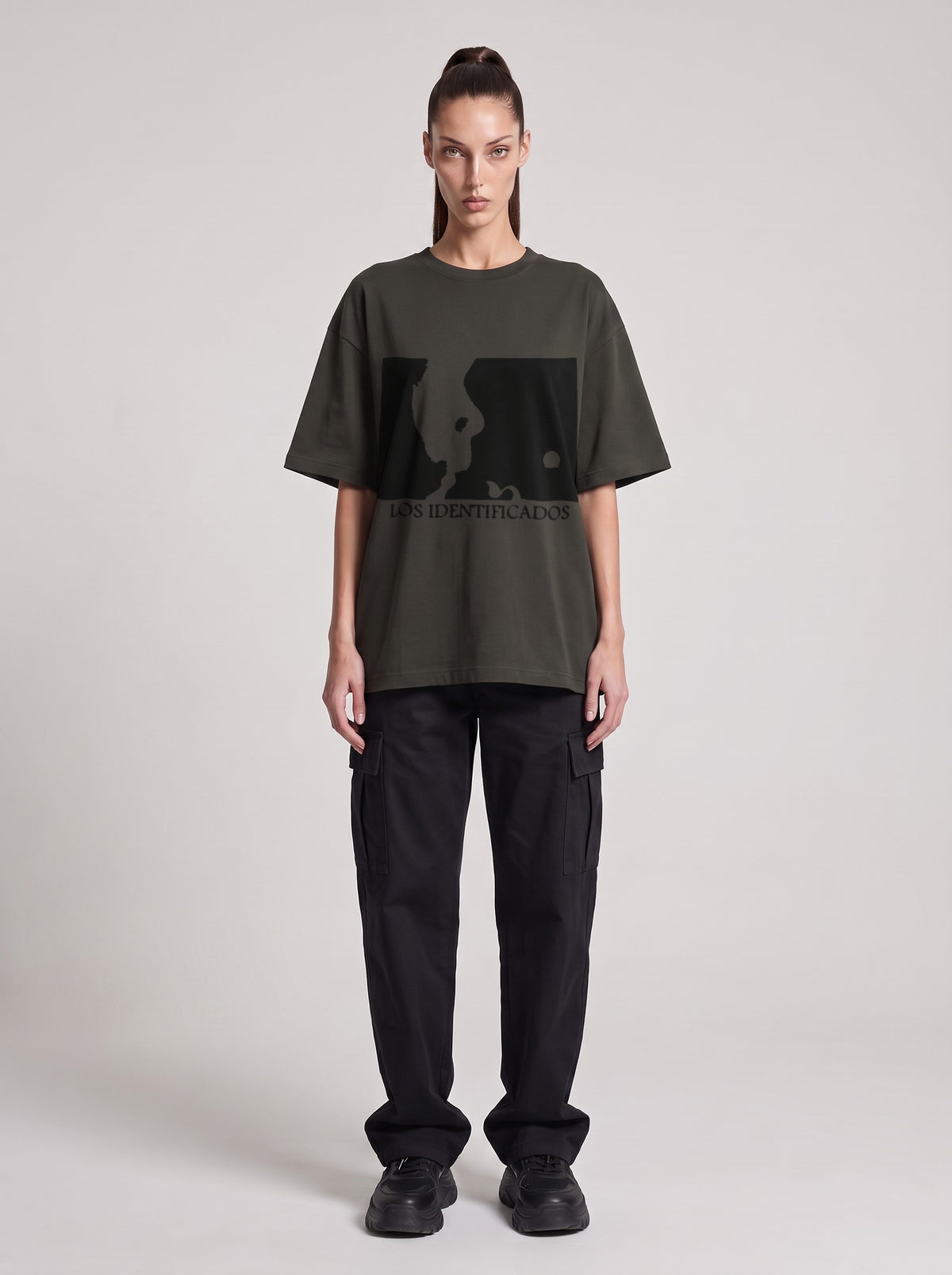 Los Identificados — Drop Shoulder T-Shirt in Dark Gray, front, worn by female model