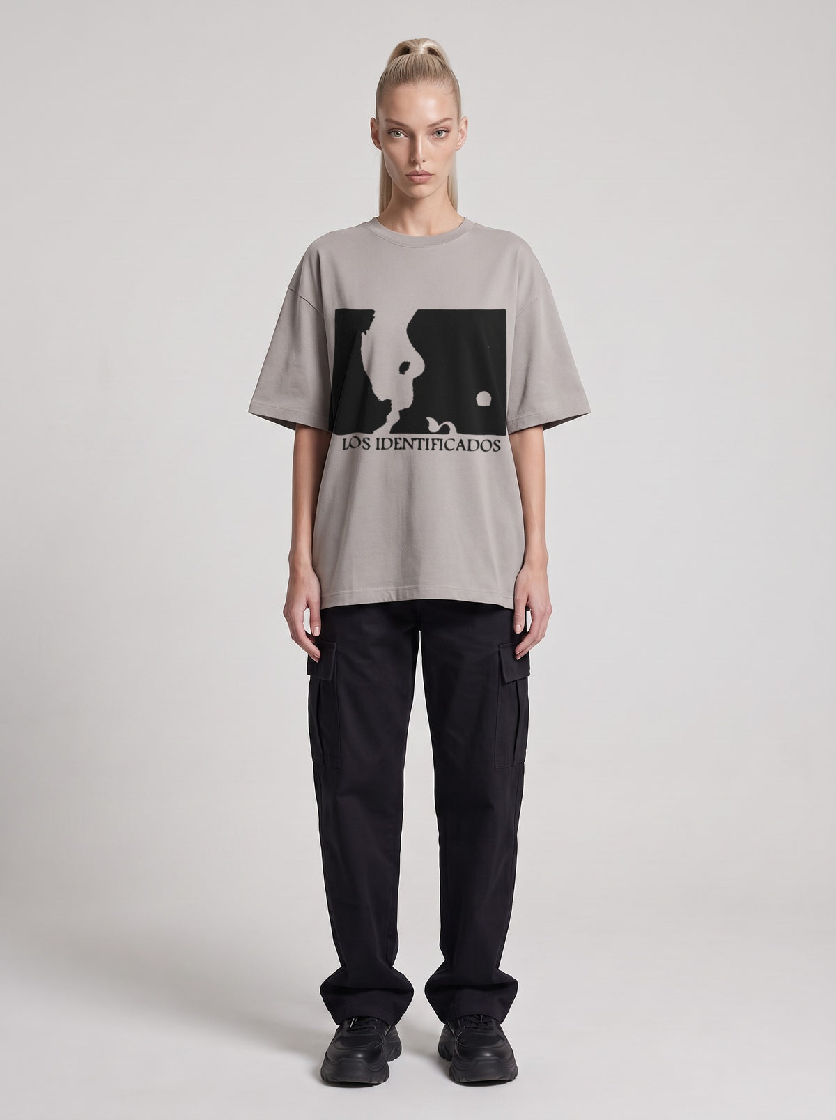 Los Identificados — Drop Shoulder T-Shirt in Light Gray, front, worn by female model