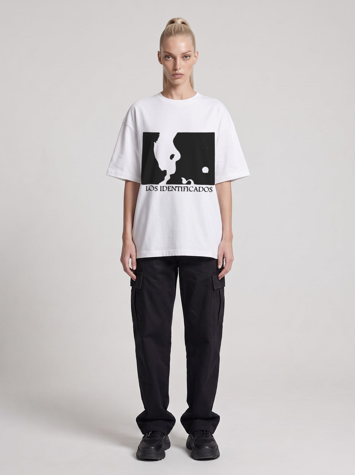 Los Identificados — Drop Shoulder T-Shirt in Lucent White, front, worn by female model