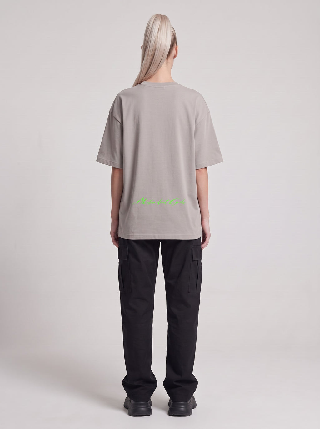 Mars TV Neon — Drop Shoulder T-Shirt in Light Gray, back, worn by female model