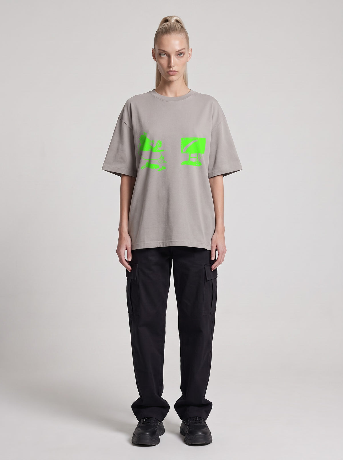 Mars TV Neon — Drop Shoulder T-Shirt in Light Gray, front, worn by female model
