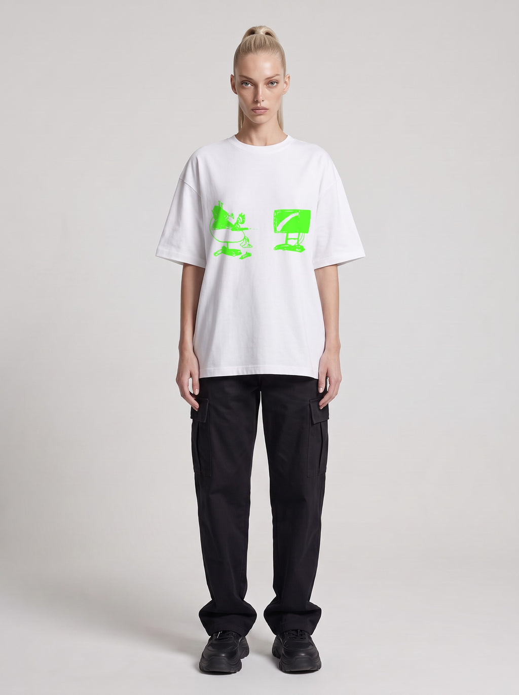 Mars TV Neon — Drop Shoulder T-Shirt in Lucent White, front, worn by female model