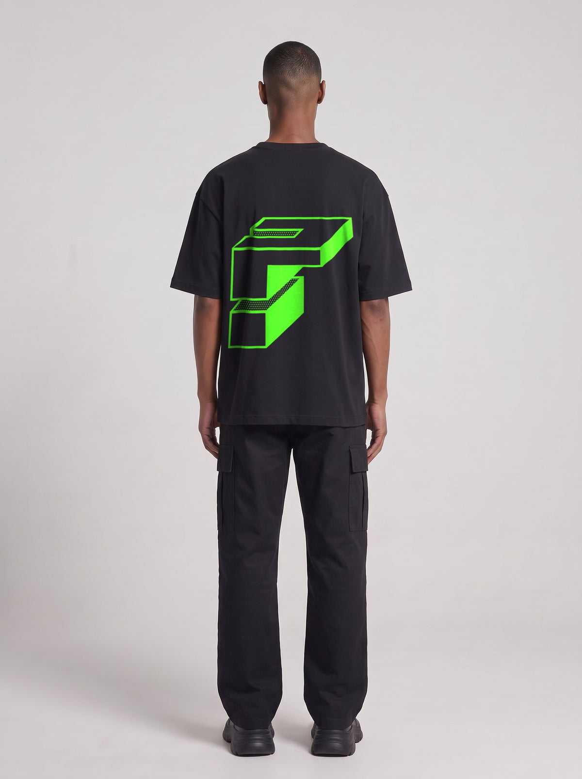 Monolith Neon — Drop Shoulder T-Shirt in Black Beauty, back, worn by male model