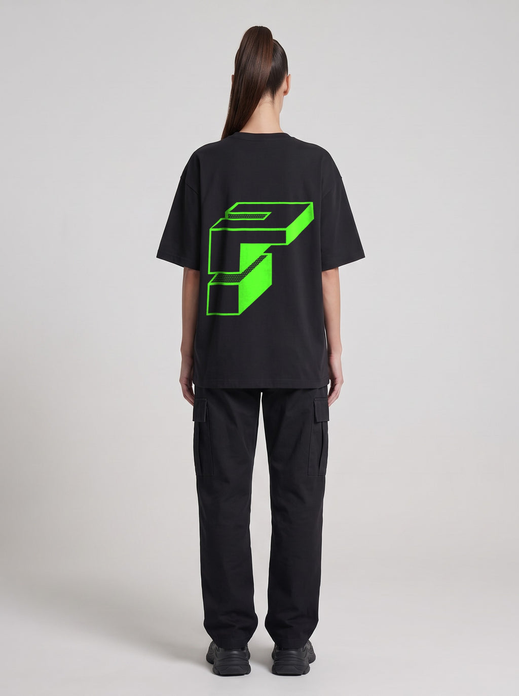 Monolith Neon — Drop Shoulder T-Shirt in Black Beauty, back, worn by female model