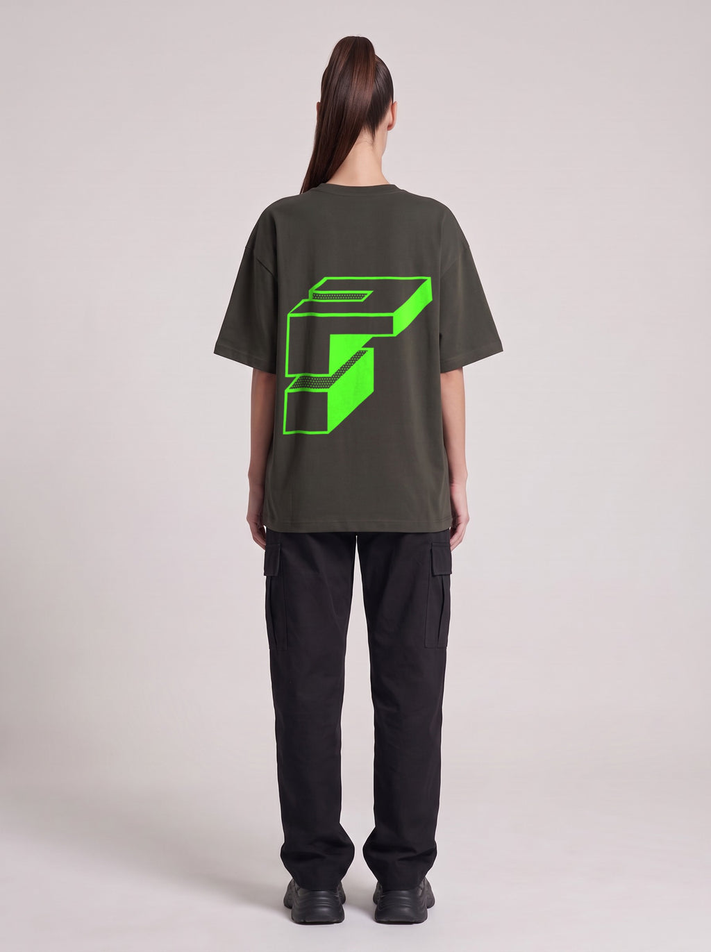 Monolith Neon — Drop Shoulder T-Shirt in Dark Gray, back, worn by female model